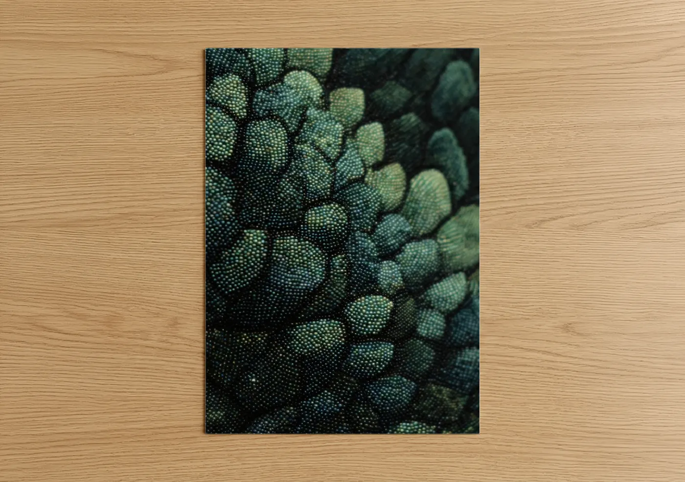 Art print on warm oak wood — turquoise and light green palette — Textured Beadwork Pattern poster