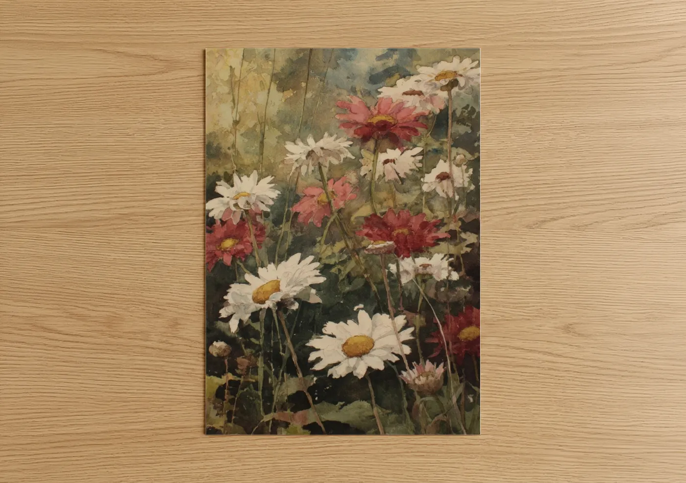 Daisy art print on warm oak wood — cream and russet palette — Wildflower Meadow poster