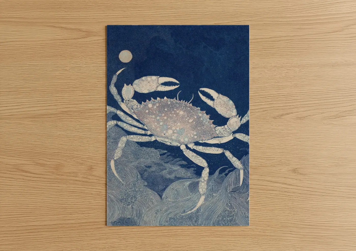 Art print on warm oak wood — dark blue and cream palette — Celestial Cancer poster