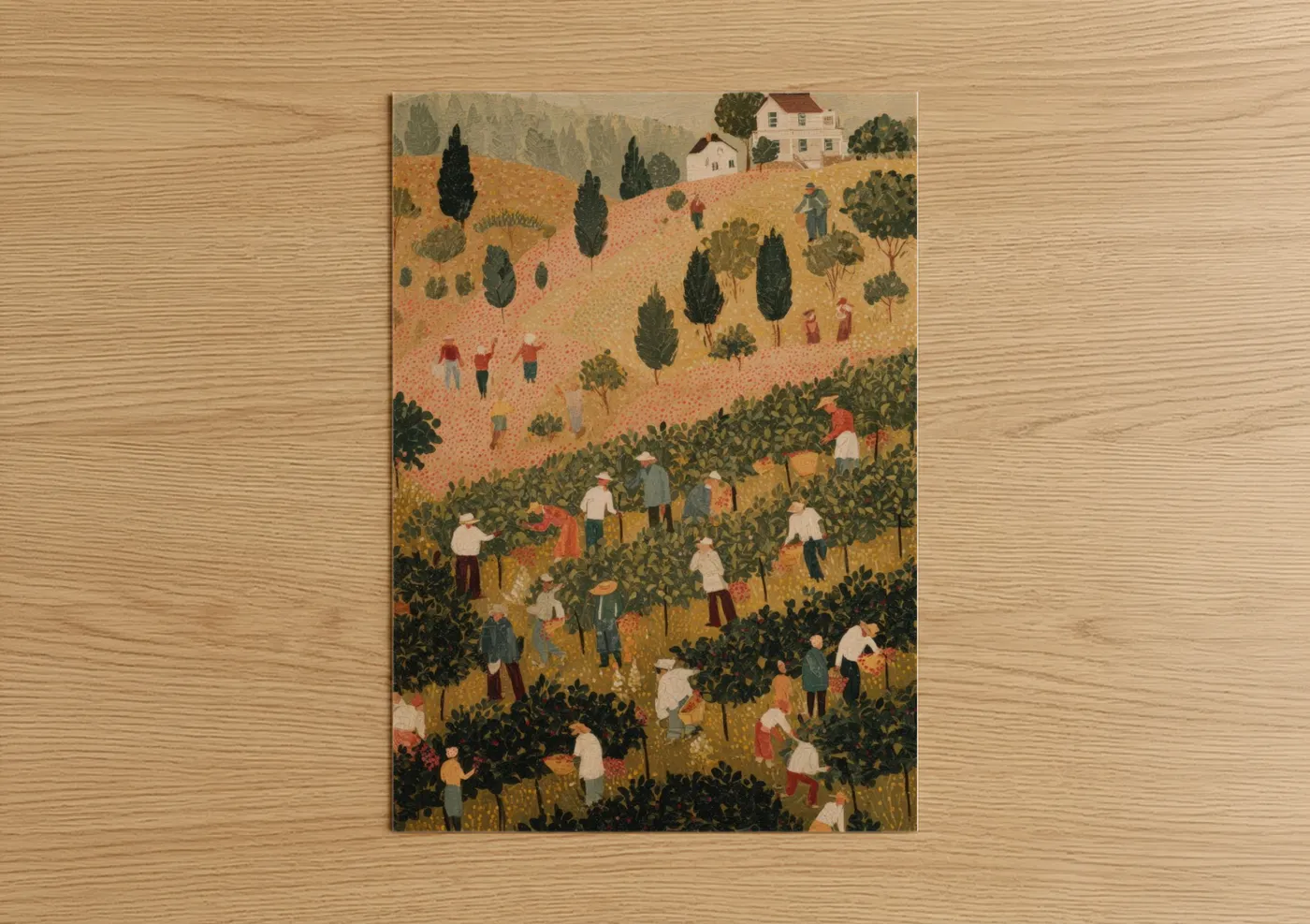 Vineyards art print on warm oak wood — gold and dark green palette — Harvest Vineyard poster