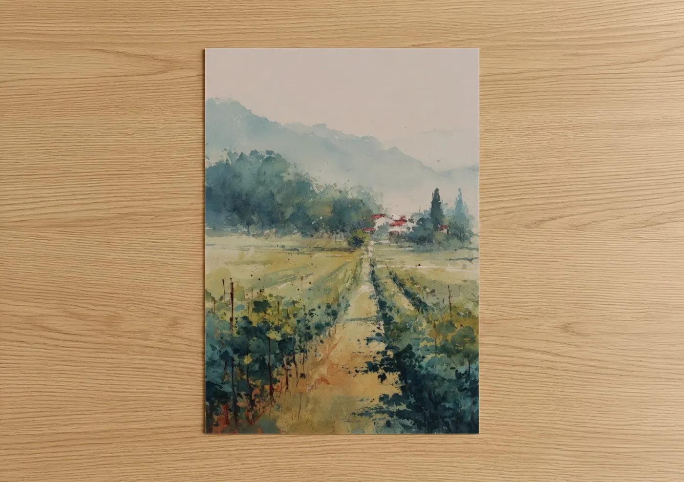 Tuscan Vineyard Watercolor Landscape Wall Art