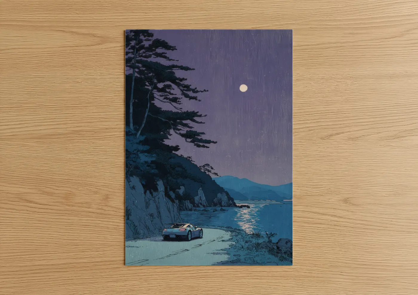 Sports Car Moonlit Coastal Night Wall Art