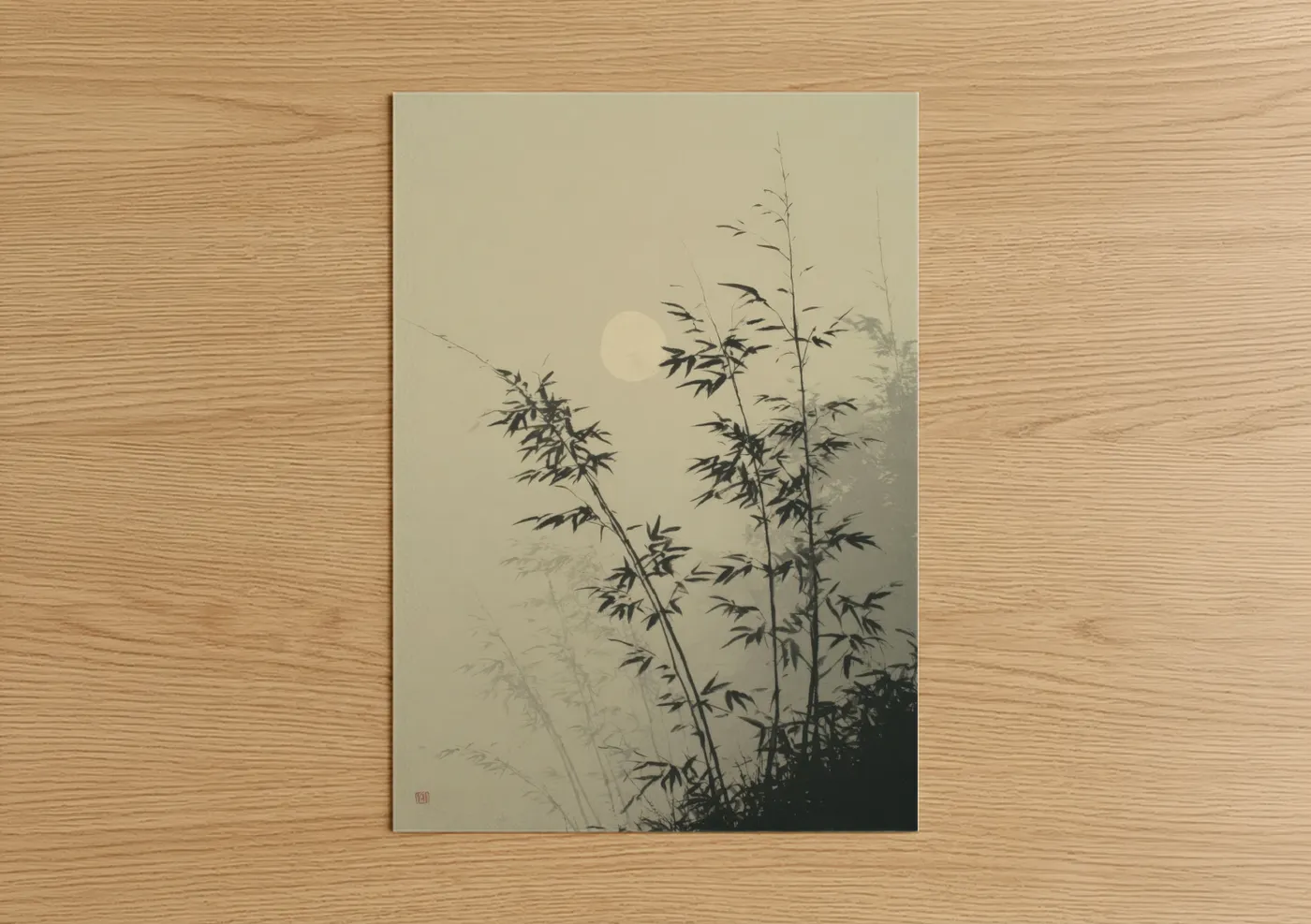 Art print on warm oak wood — black and white and gray palette — Moonlit Bamboo poster