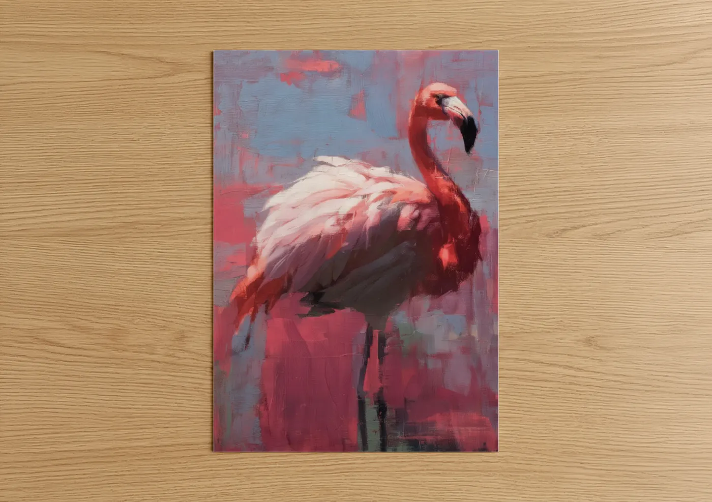 Art print on warm oak wood — red and blue palette — Crimson Flamingo poster