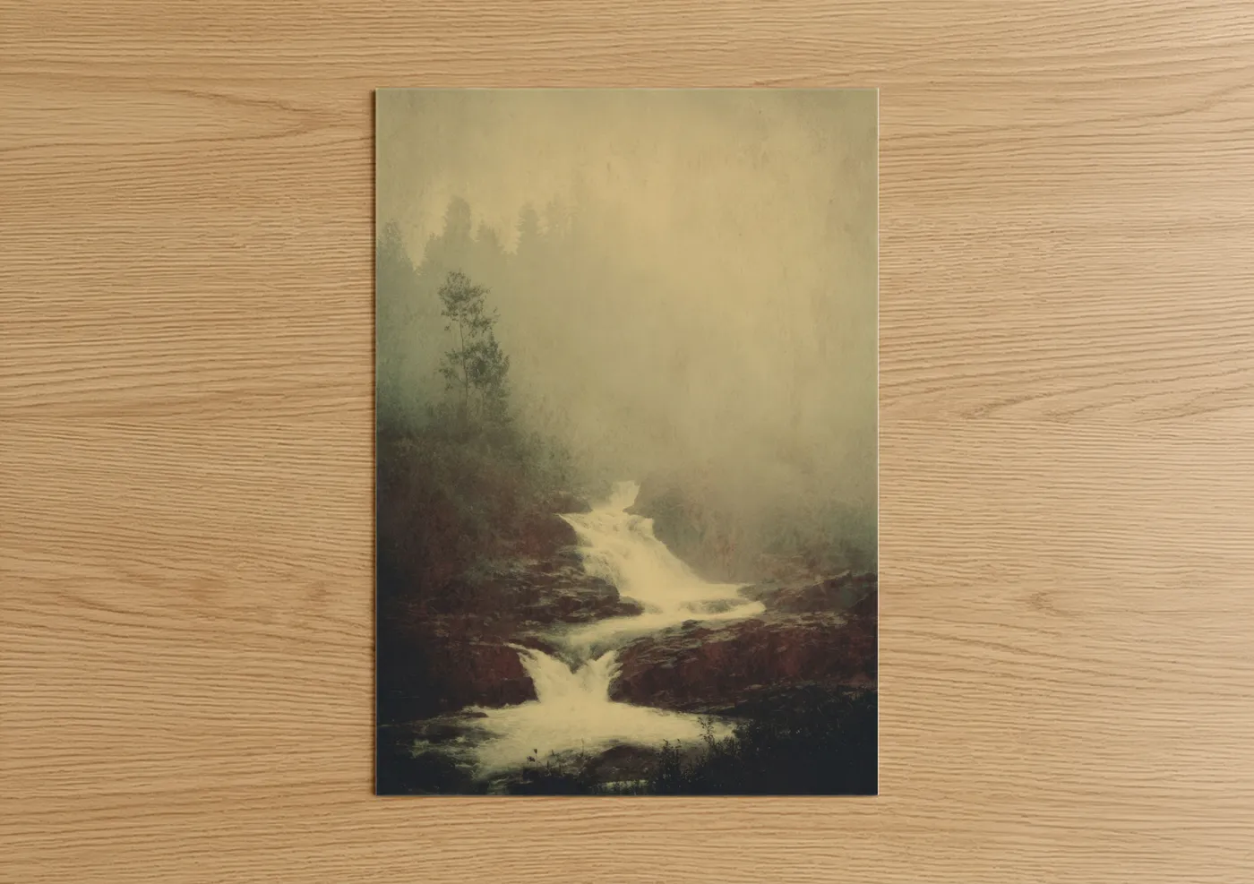 Art print on warm oak wood — beige and dark green palette — Misty Waterfall poster