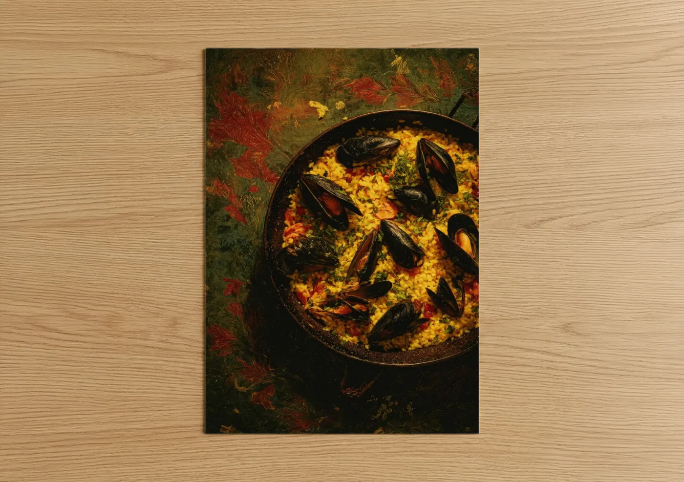 Art print on warm oak wood — gold and dark green palette — Paella Seafood Pan poster
