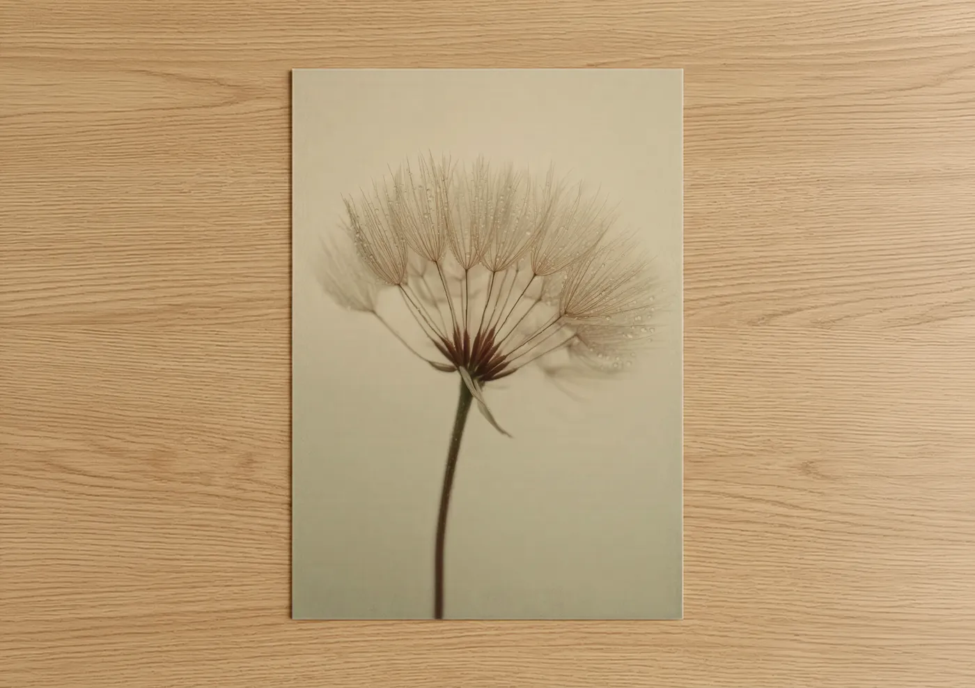Art print on warm oak wood — beige and brown palette — Delicate Dandelion poster