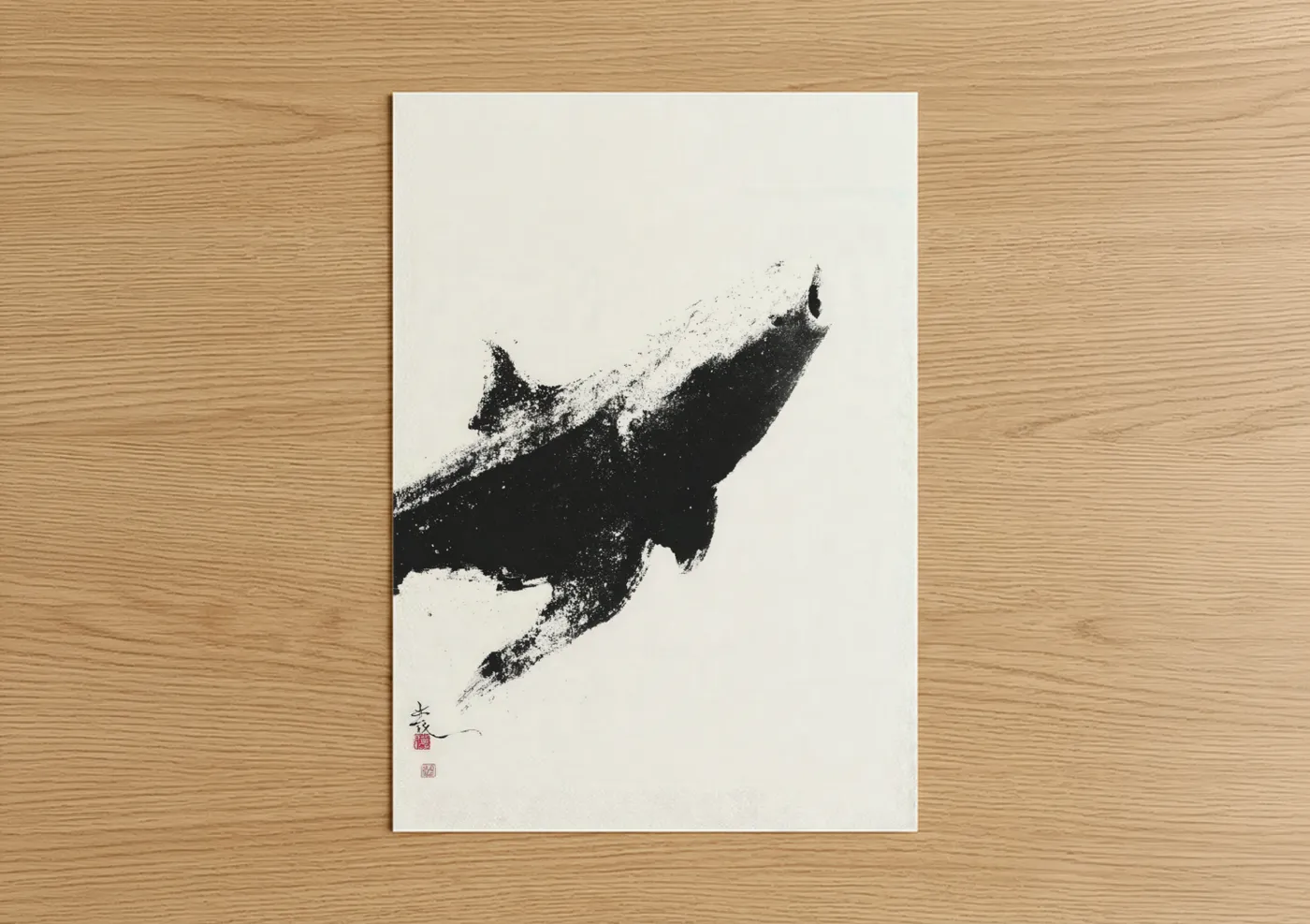 Art print on warm oak wood — black and white palette — Ascending Whale Shark poster