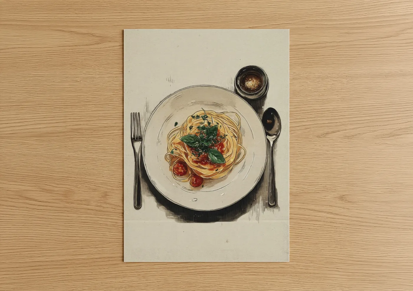 Art print on warm oak wood — cream and gold palette — Tomato Basil Pasta poster