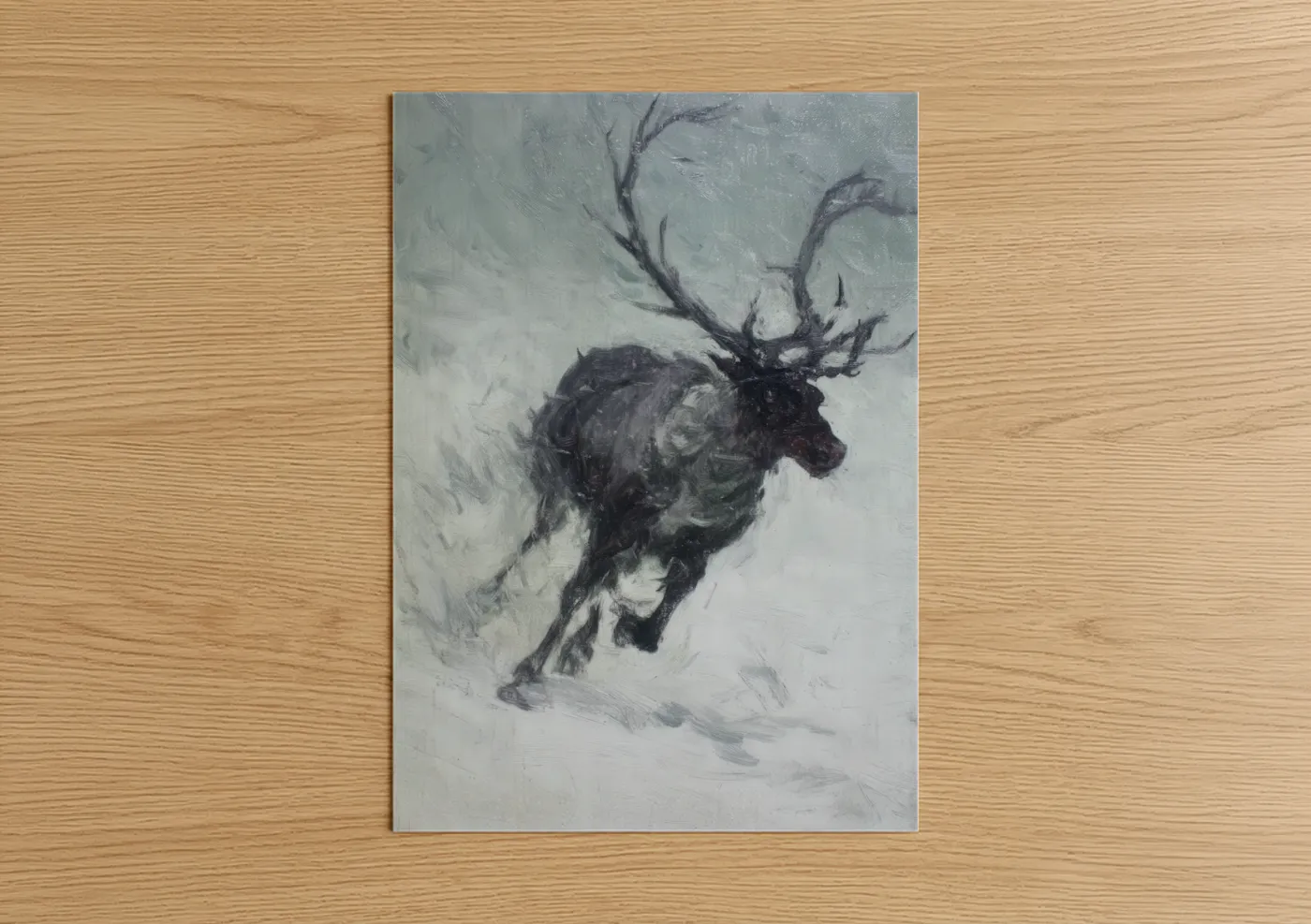 Art print on warm oak wood — gray and black and white palette — Snowy Reindeer poster