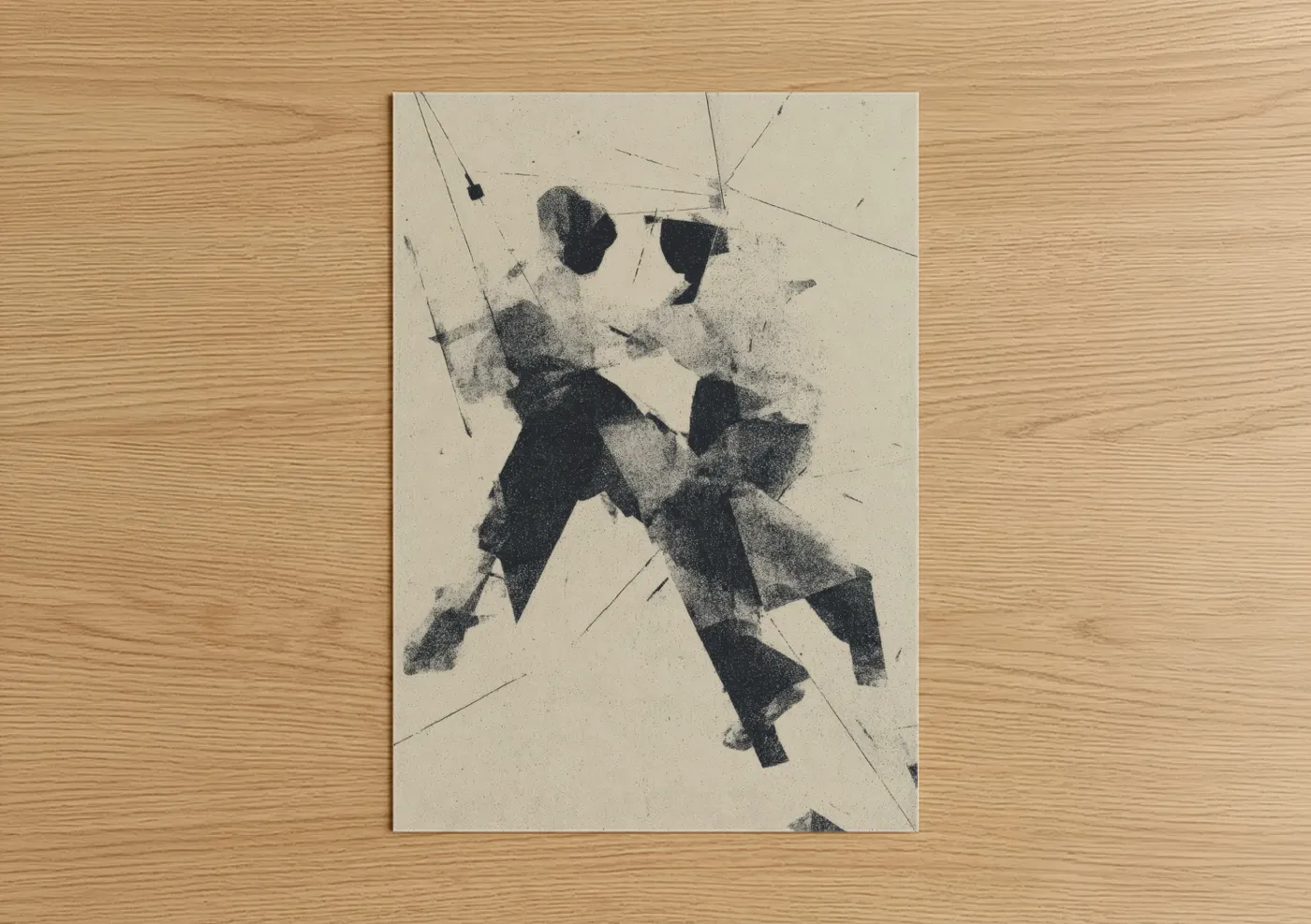 Street dance art print on warm oak wood — black and white palette — Urban Motion poster