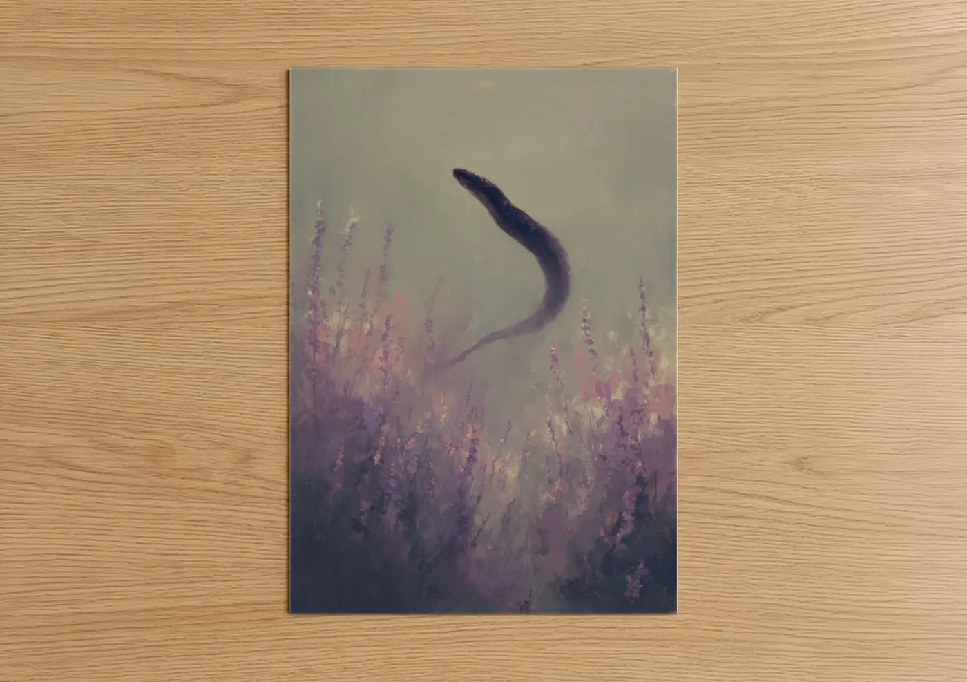 Eels art print on warm oak wood — lavender and cream palette — Lavender Eel poster