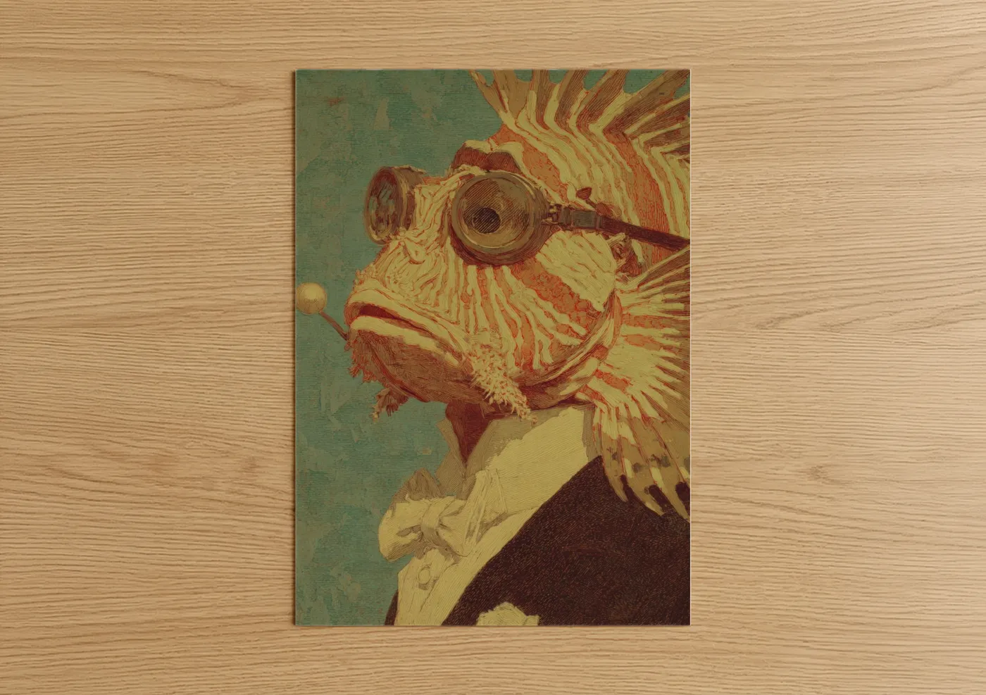 Art print on warm oak wood — gold and teal palette — Steampunk Lionfish poster