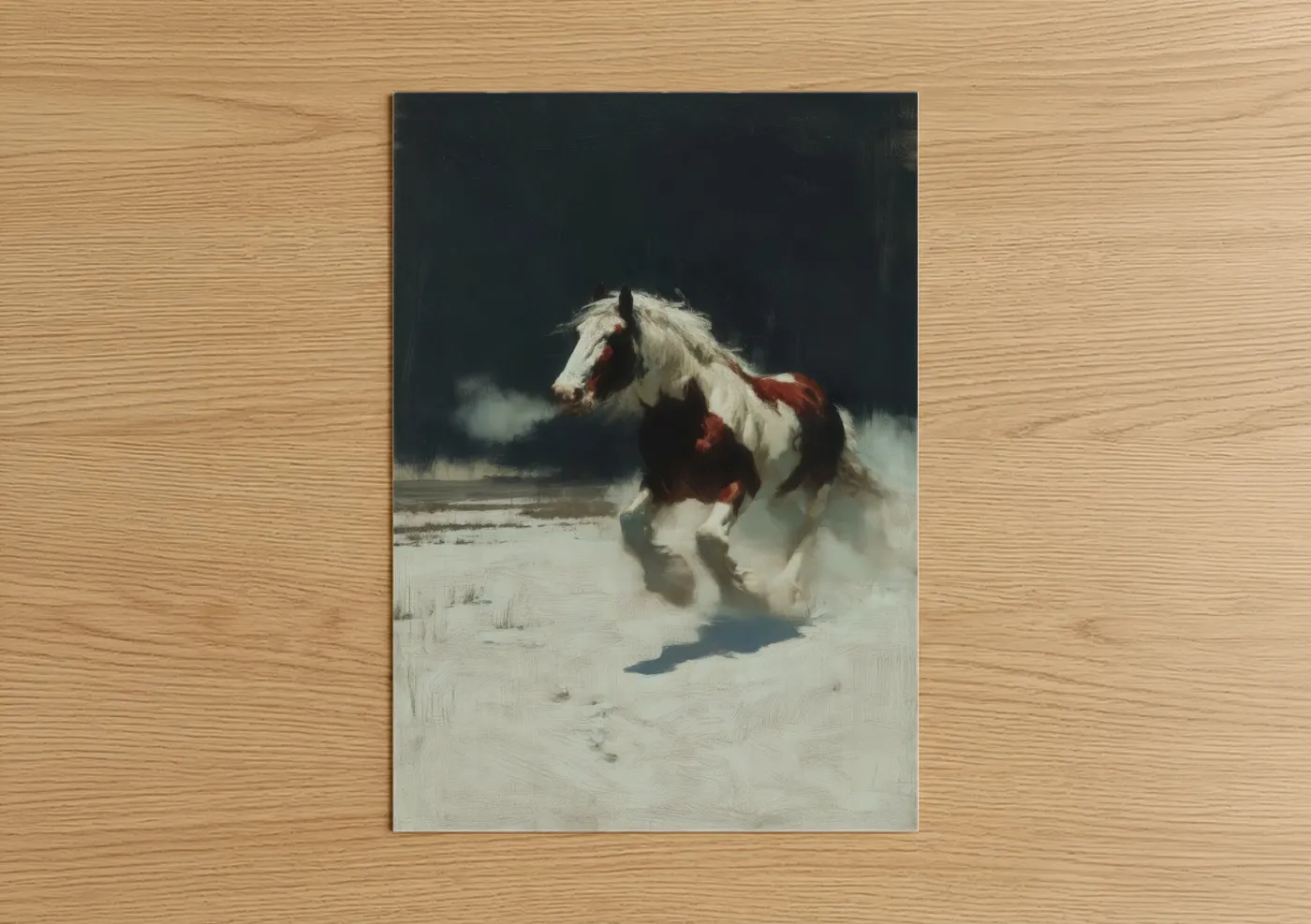 Clydesdale horse art print on warm oak wood — white and maroon palette — Snowy Clydesdale poster