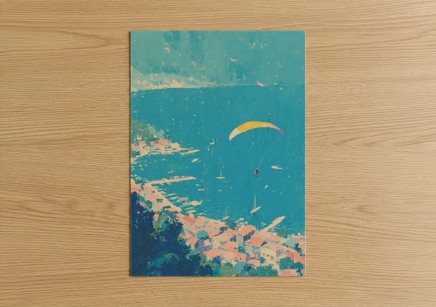 Art print on warm oak wood — turquoise and peach palette — Coastal Paragliding poster