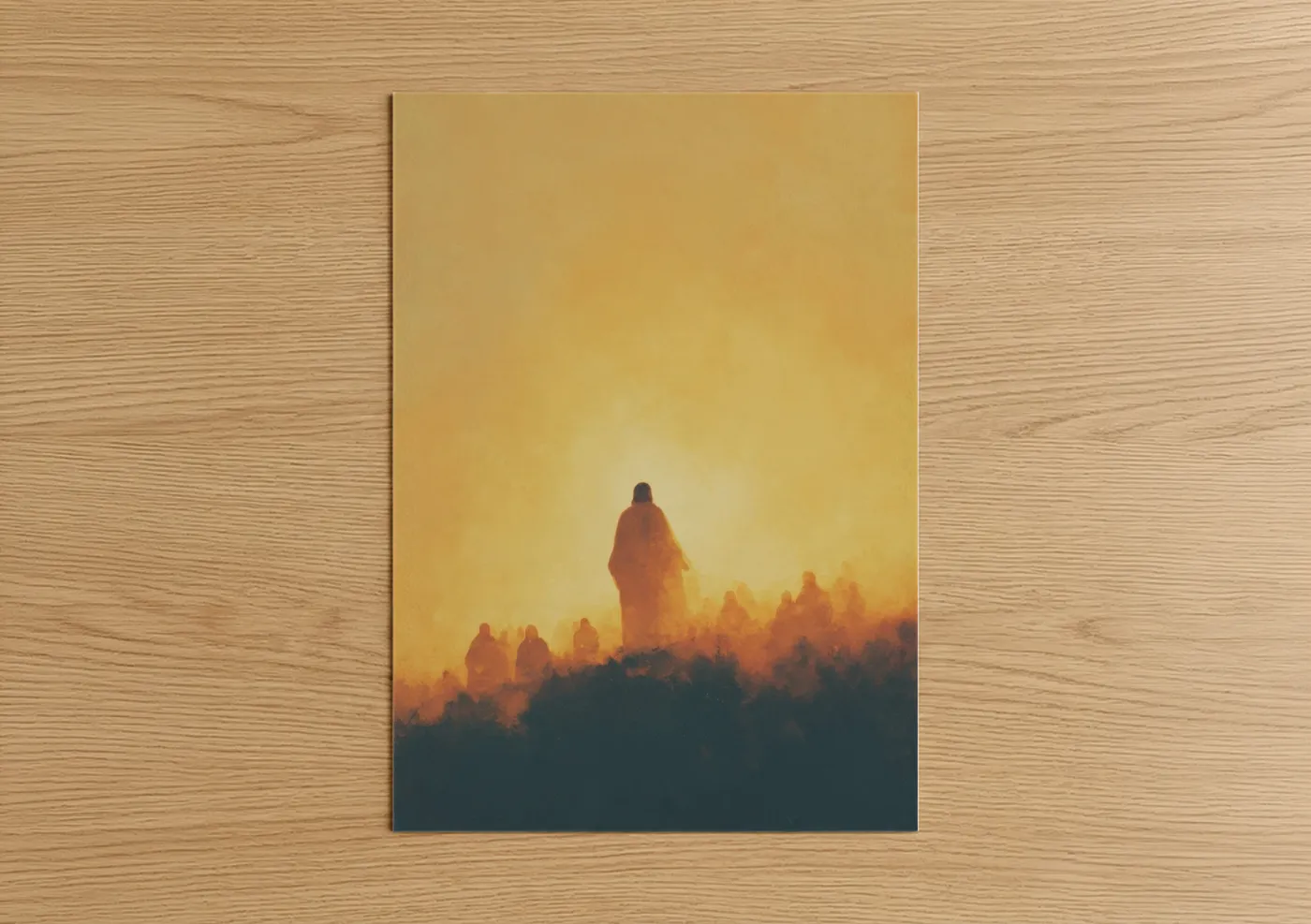 Jesus christ art print on warm oak wood — yellow gold and black palette — Divine Ascension poster