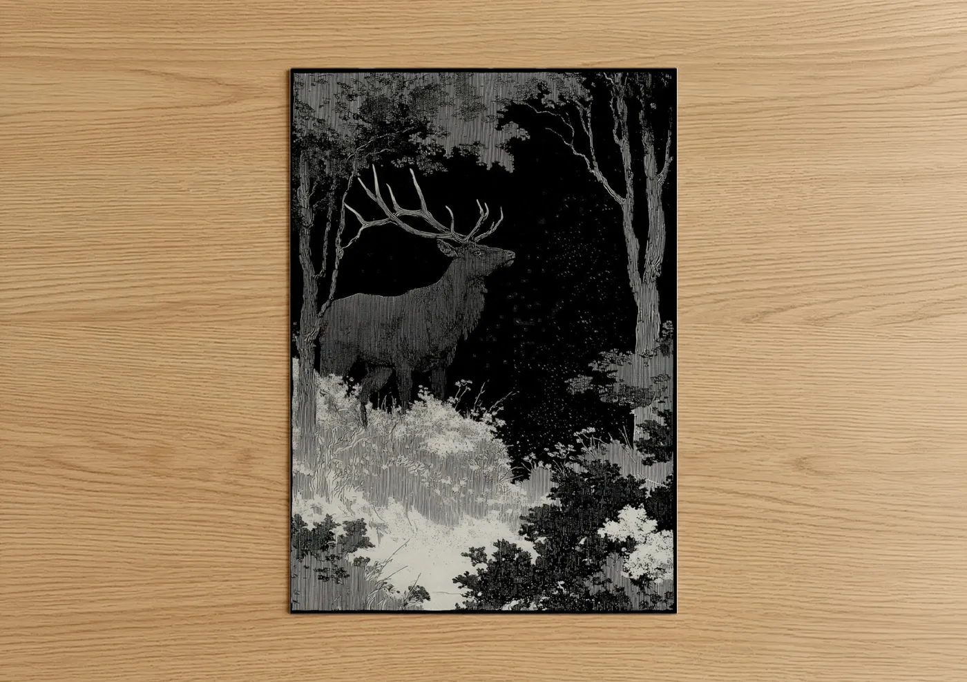 Majestic Elk Forest Night Engraving Wall Art