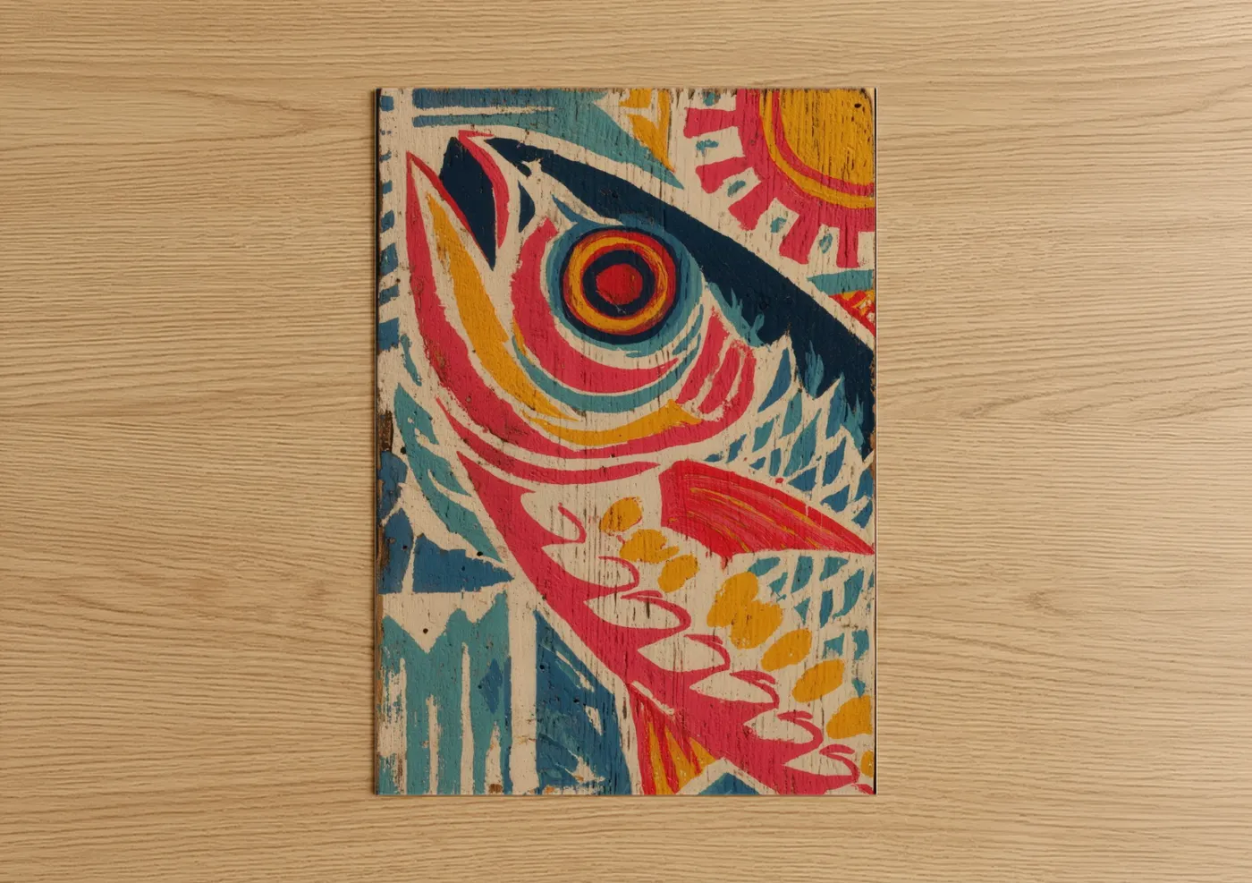 Art print on warm oak wood — red and yellow gold palette — Colorful Wahoo poster