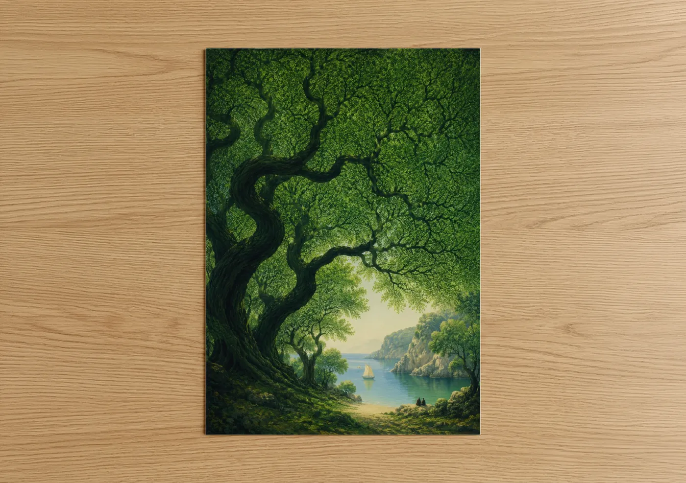 Forest trees art print on warm oak wood — true green and light green palette — Enchanted Forest Canopy Coastal View Wall Art poster