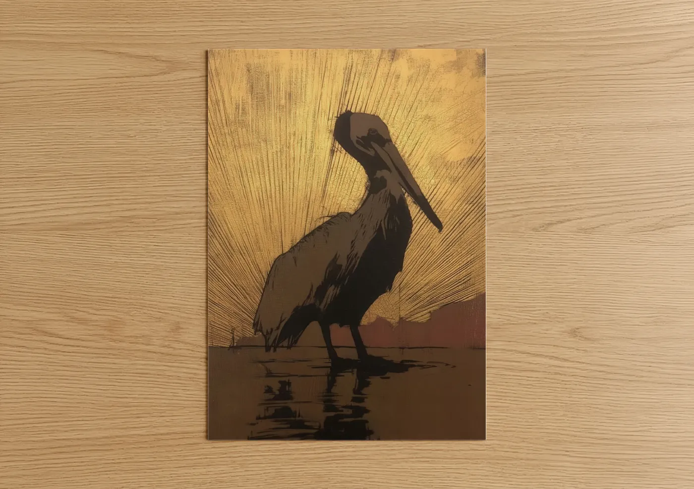 Art print on warm oak wood — gold and brown palette — Golden Pelican poster