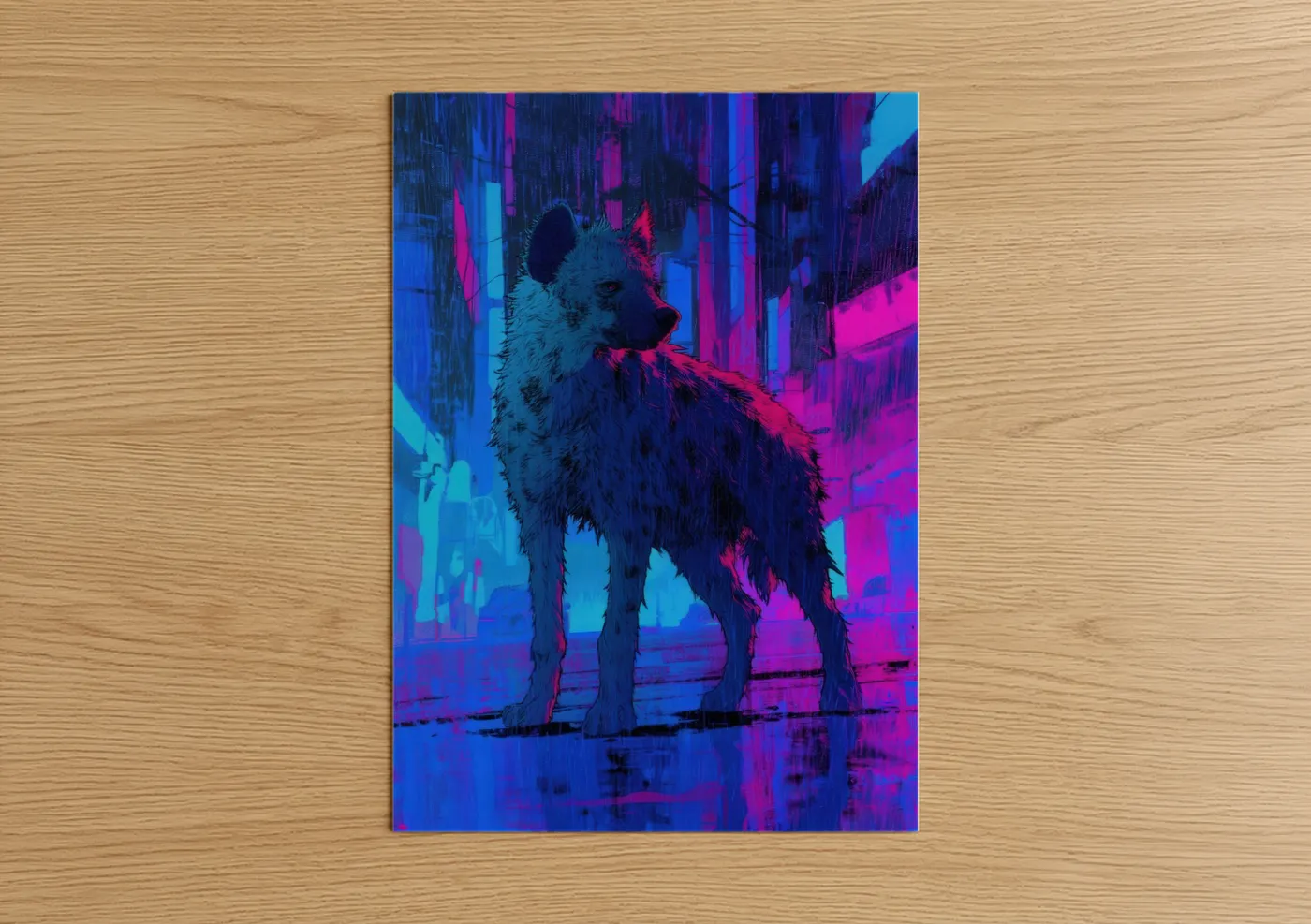 Art print on warm oak wood — blue and magenta palette — Neon Hyena poster