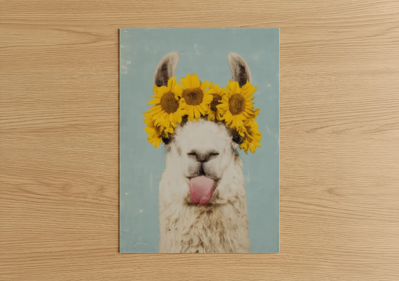 Art print on warm oak wood — yellow gold and blue and white palette — Sunflower Llama poster