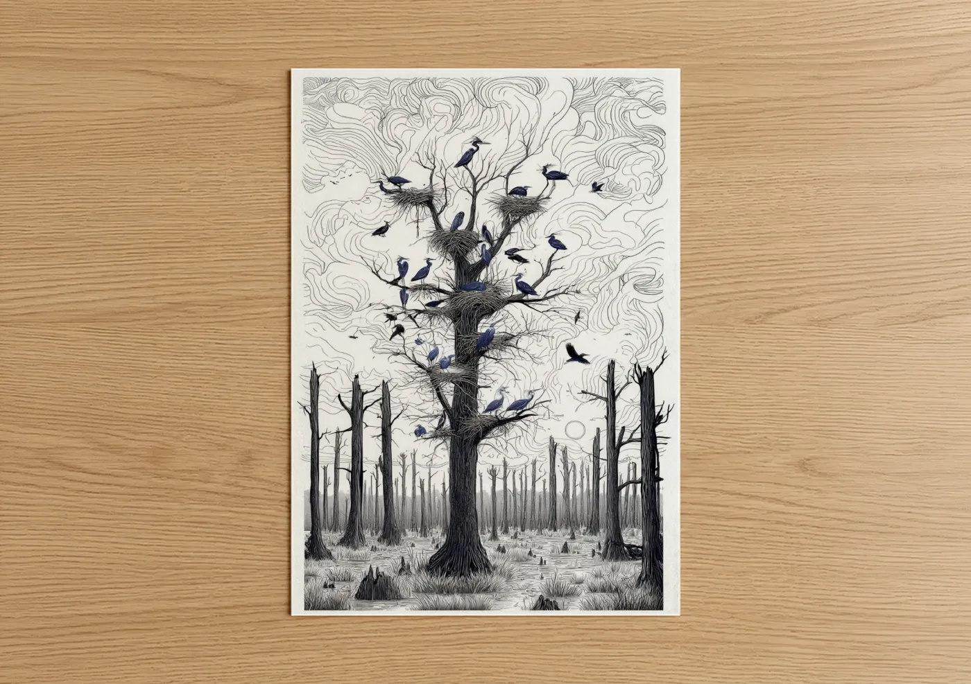 Heron Forest Tree Line Art Illustration Wall Art