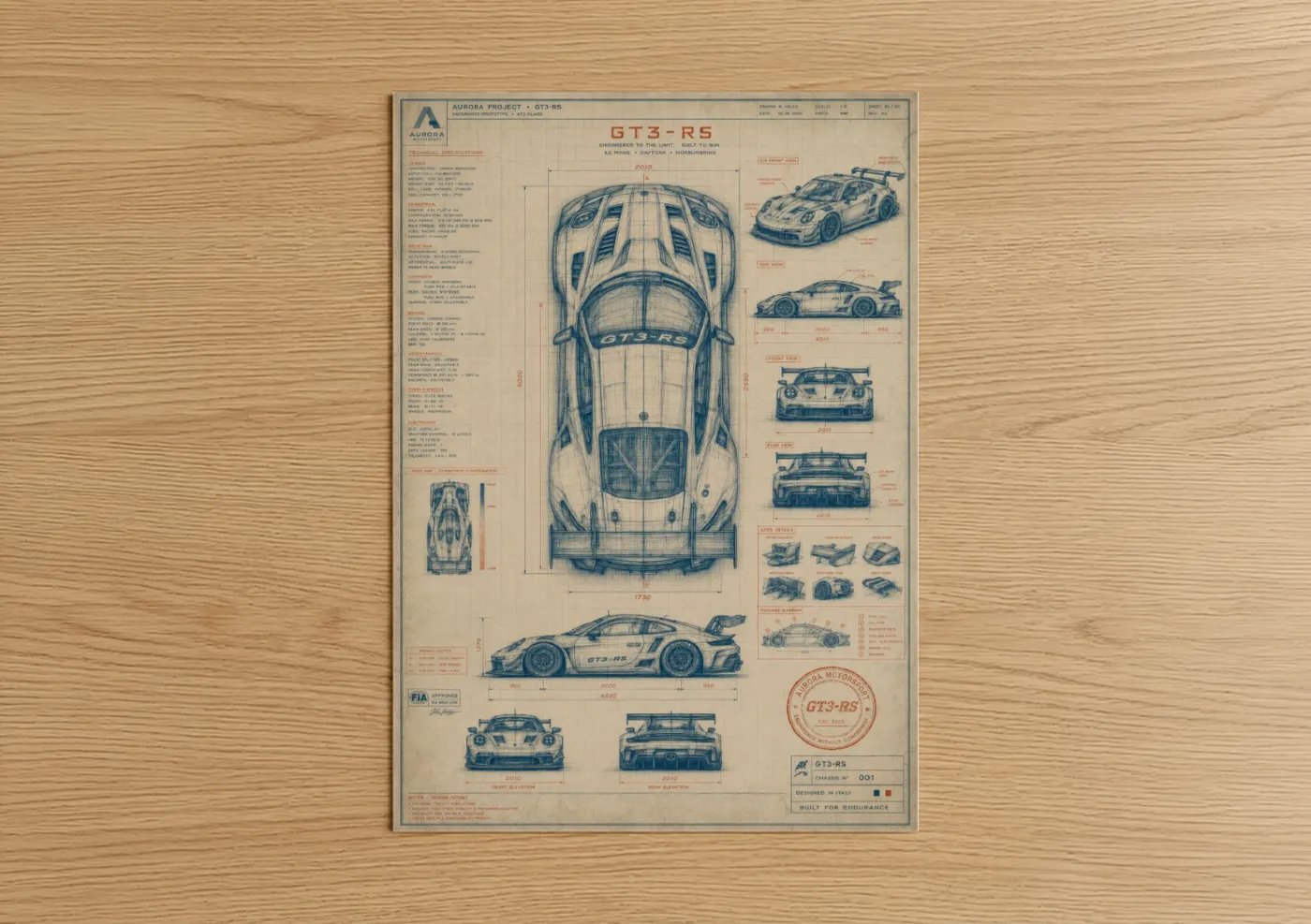 Sports car art print on warm oak wood — blue and beige palette — GT3 RS Blueprint Schematic Wall Art poster