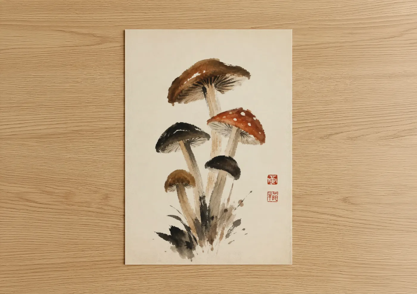 Floral and botanical art print on warm oak wood — brown and beige palette — Japanese Mushroom Botanical Wall Art poster
