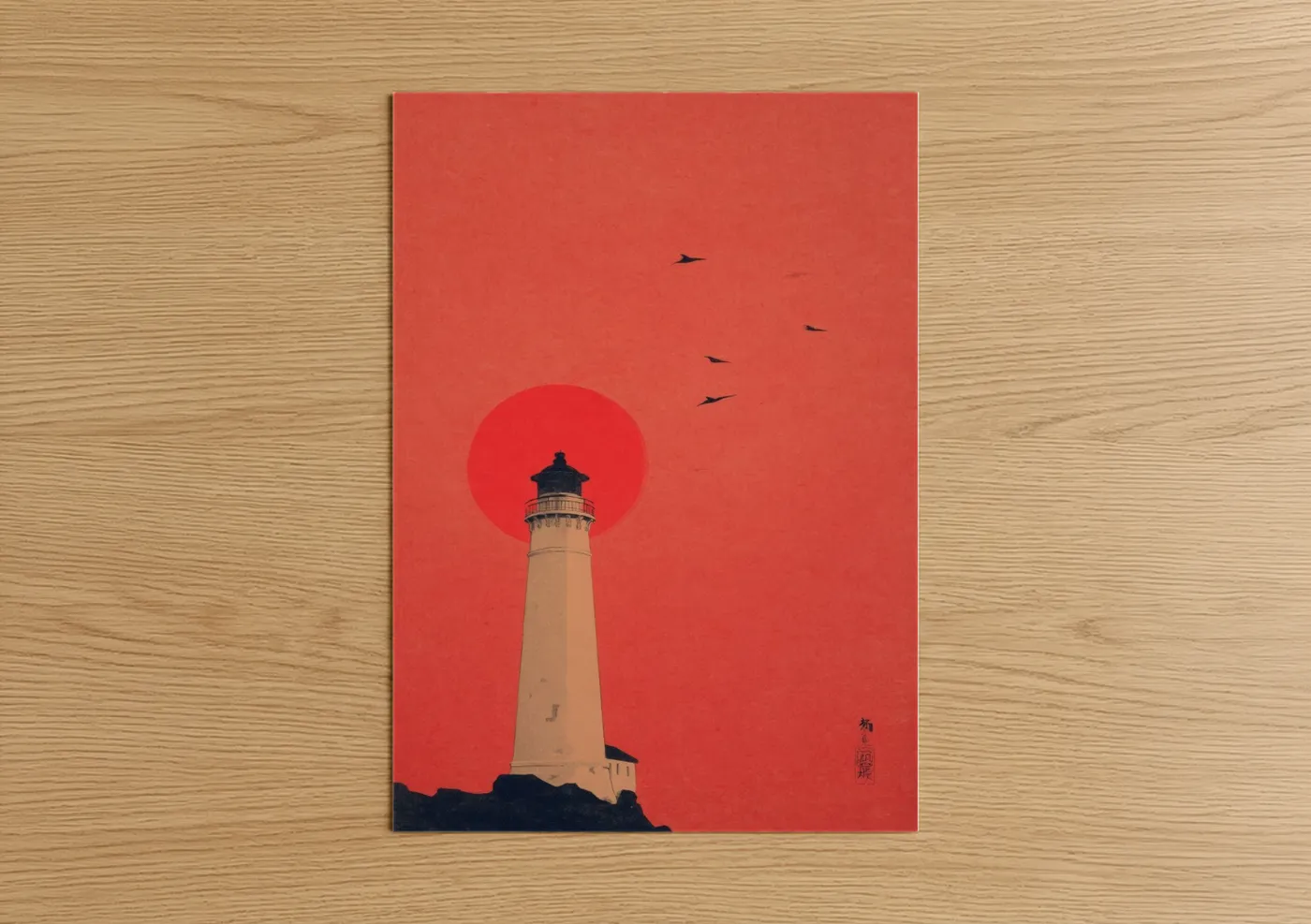 Crimson Lighthouse Sunset Japanese Wall Art