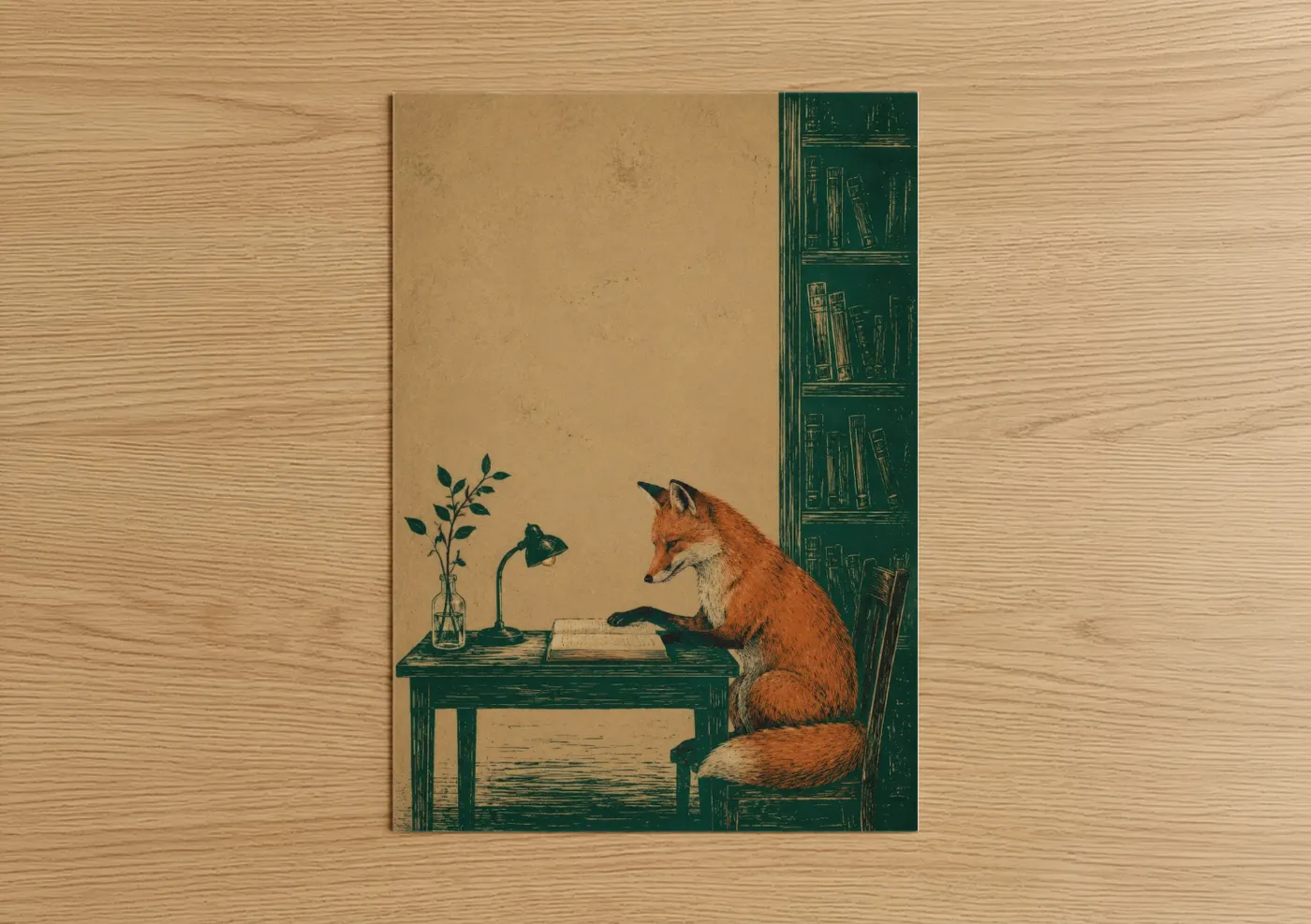 Art print on warm oak wood — beige and dark green palette — Fox Reading In Library Wall Art poster