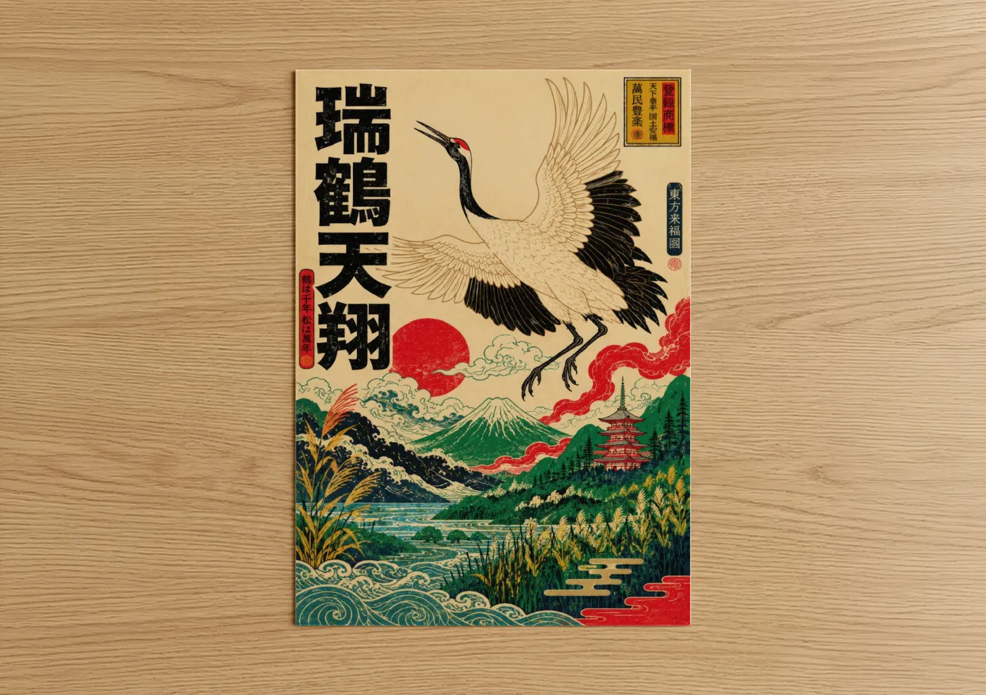 Art print on warm oak wood — beige and red palette — Japanese Crane Mount Fuji Wall Art poster