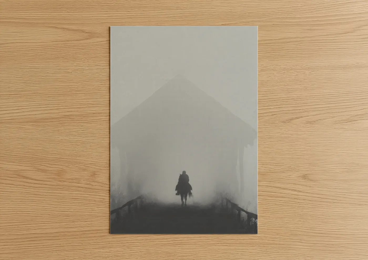Halloween art print on warm oak wood — black and white and gray palette — Haunted Manor poster