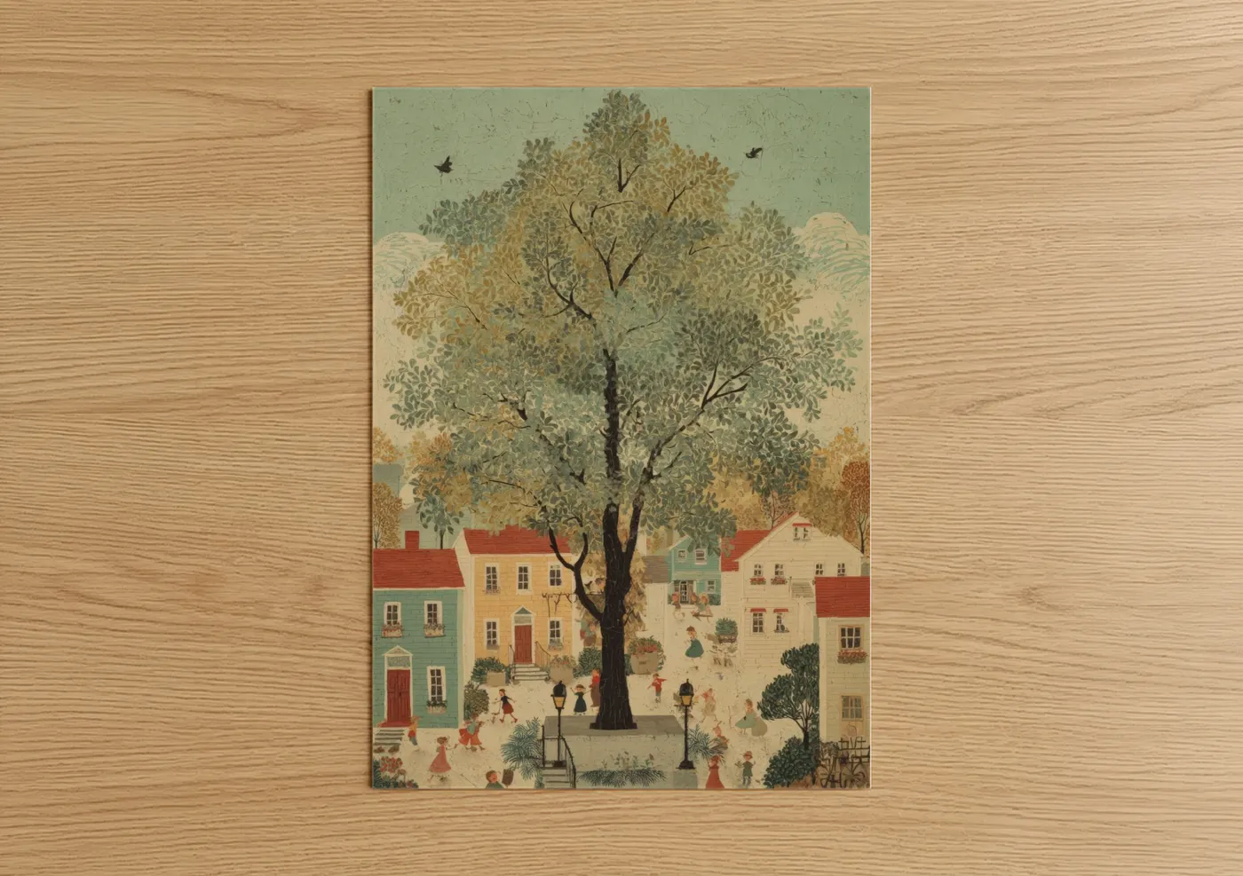 Vintage Linden Tree Village Square Illustration Wall Art