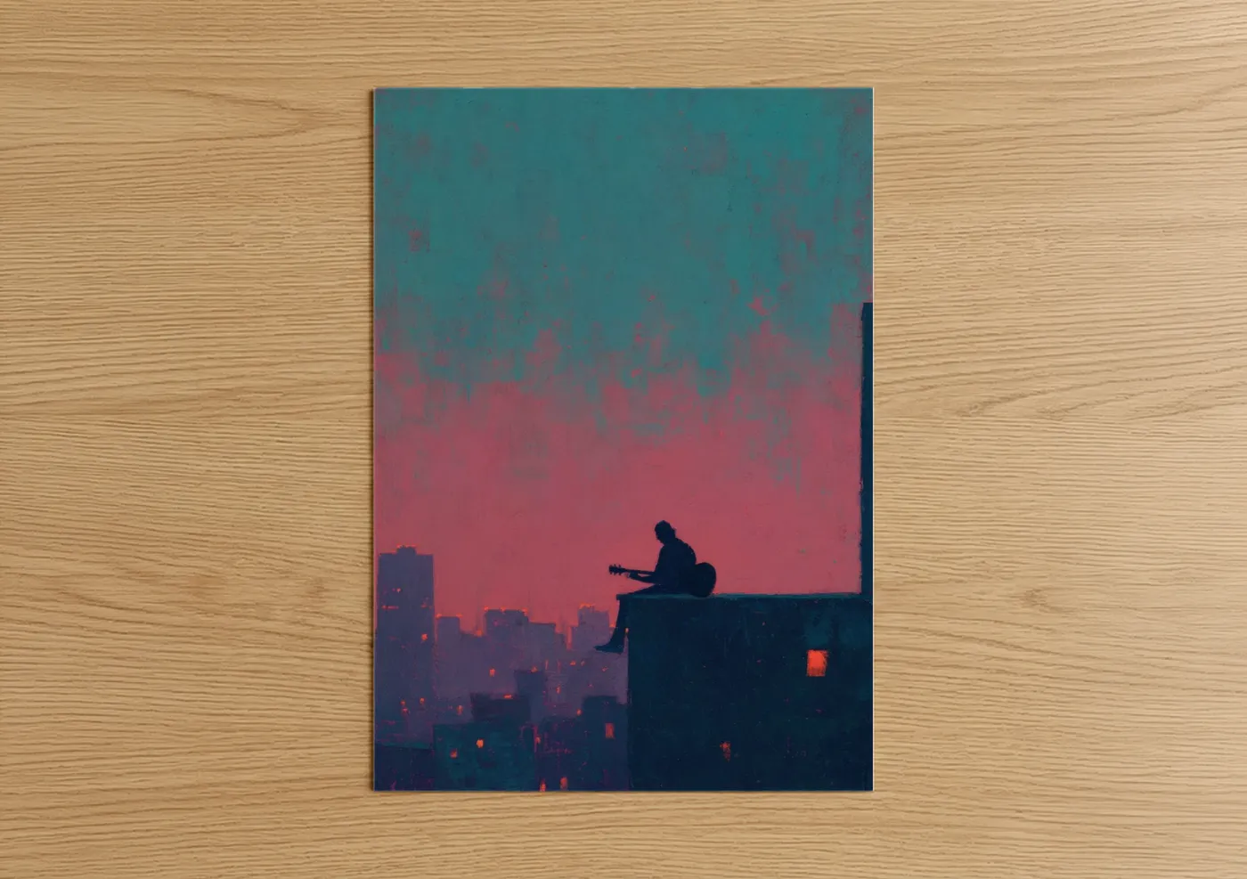 Rooftop Musician Silhouette Sunset Wall Art
