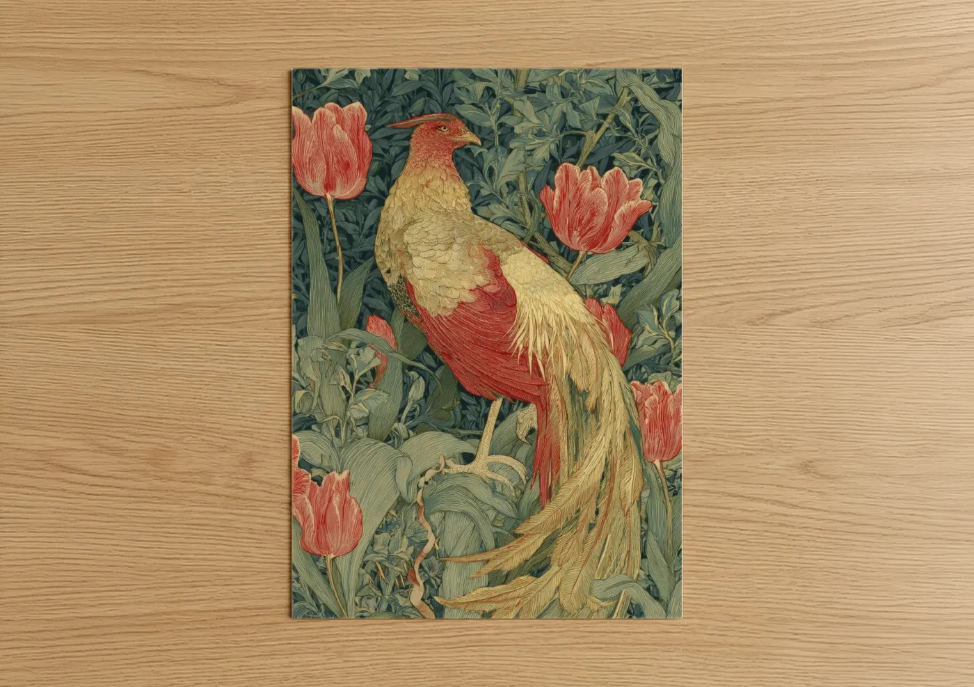 Art print on warm oak wood — gold and red palette — Golden Phoenix Tulips poster