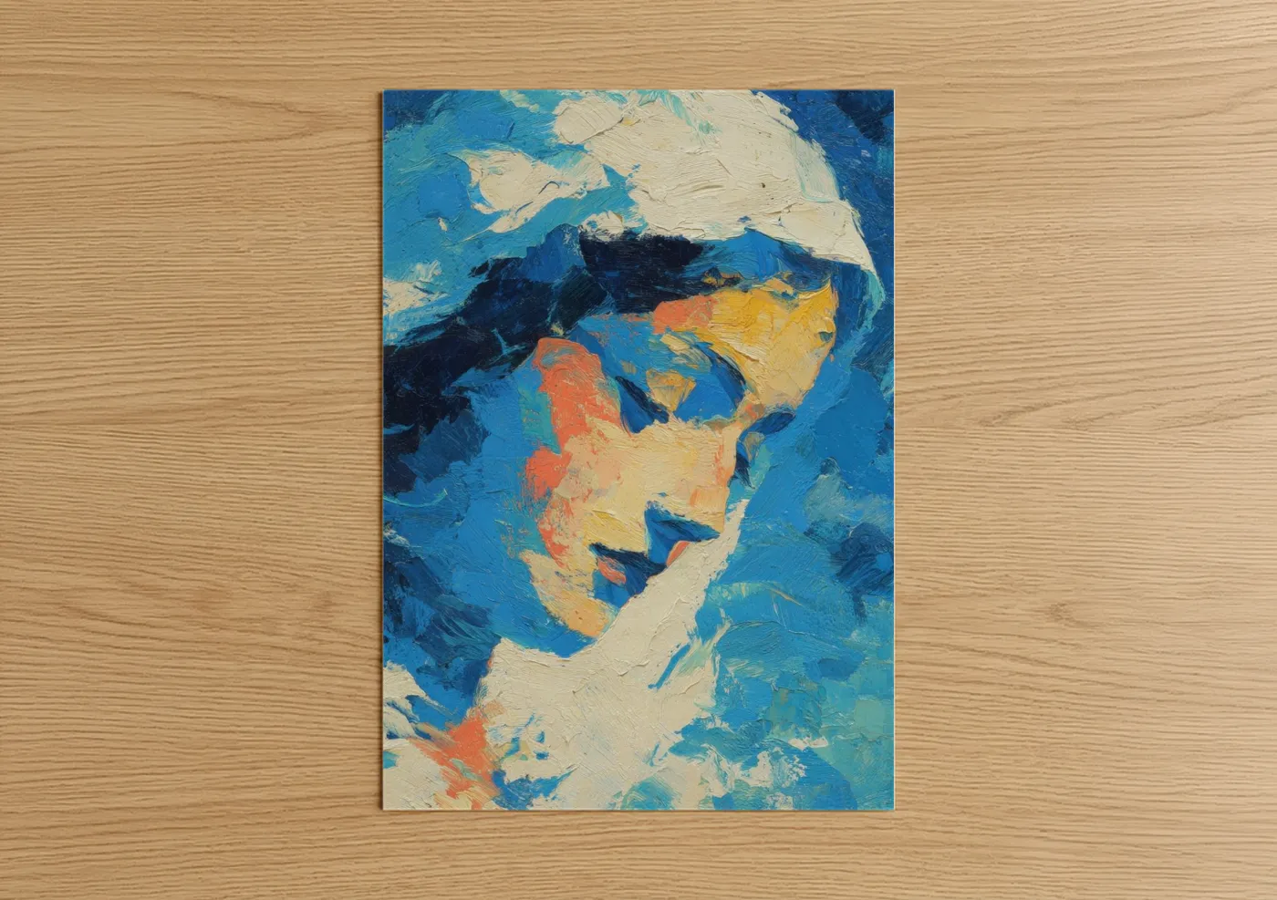 Art print on warm oak wood — blue and gold palette — Serene Virgin Mary poster