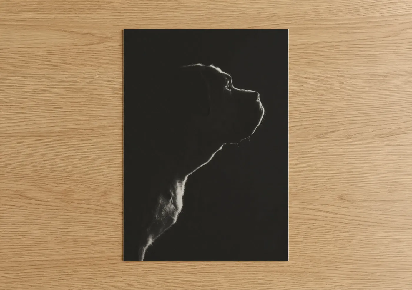 Art print on warm oak wood — black and white palette — Noble Mastiff Profile poster
