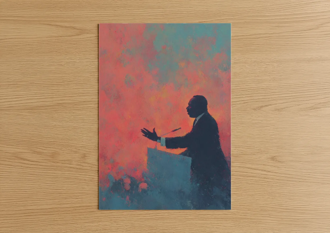 Martin luther king jr day art print on warm oak wood — salmon pink and teal palette — Resilient Orator poster