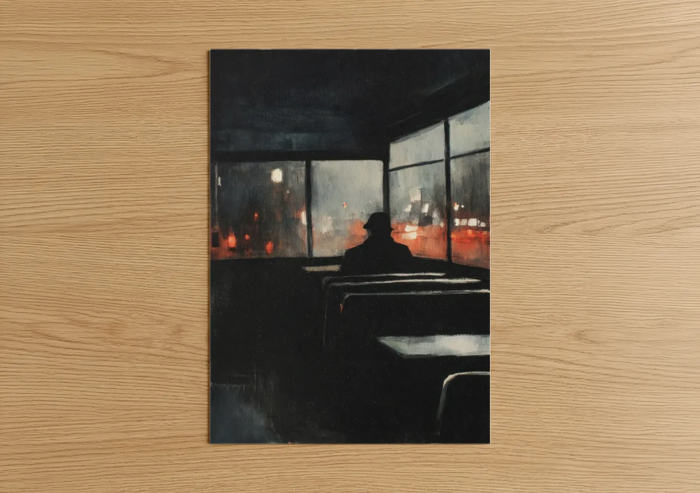 Art print on warm oak wood — black and orange palette — Nighttime Bus Commute poster