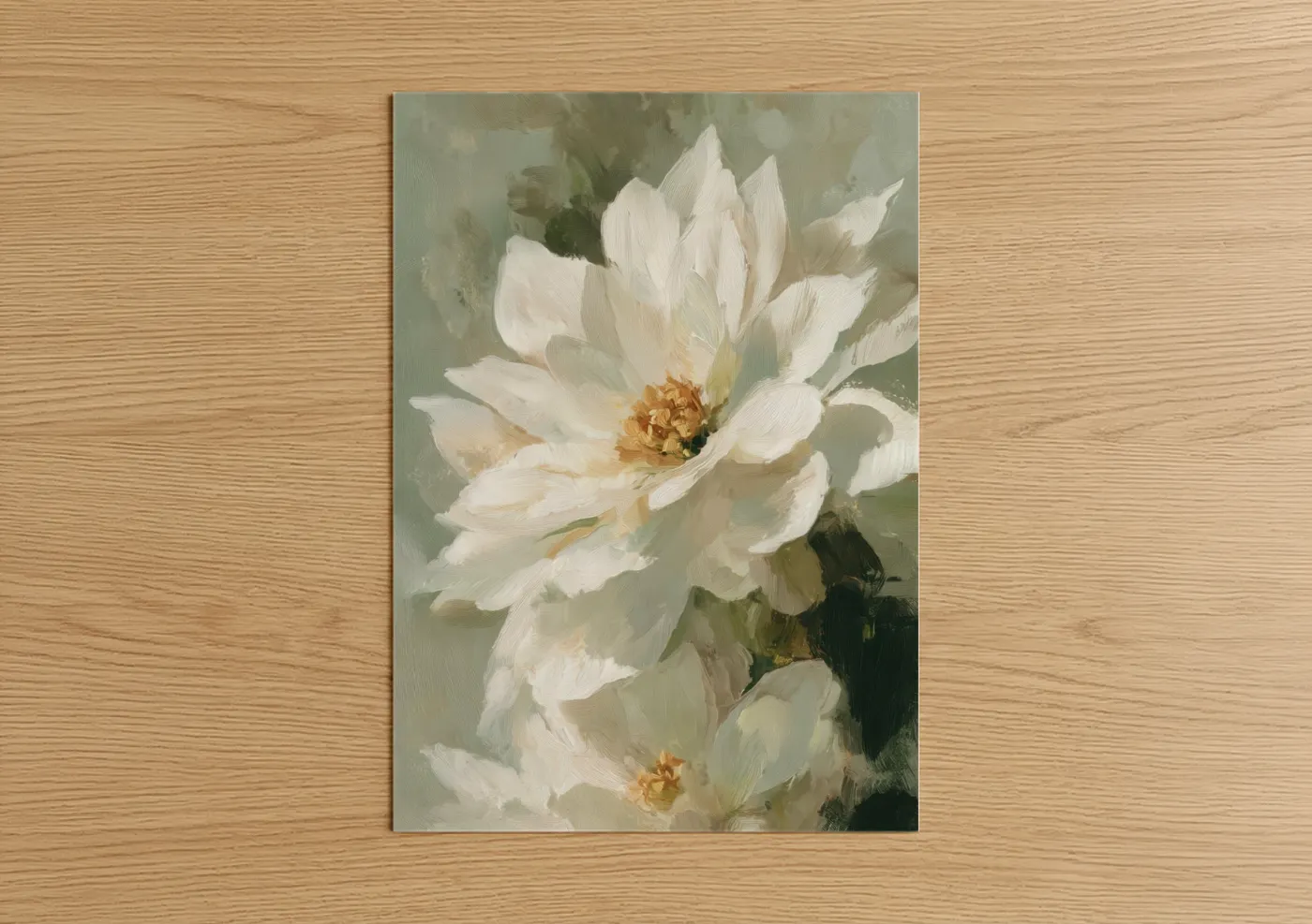 Art print on warm oak wood — cream and sage green palette — Cream Poinsettias poster