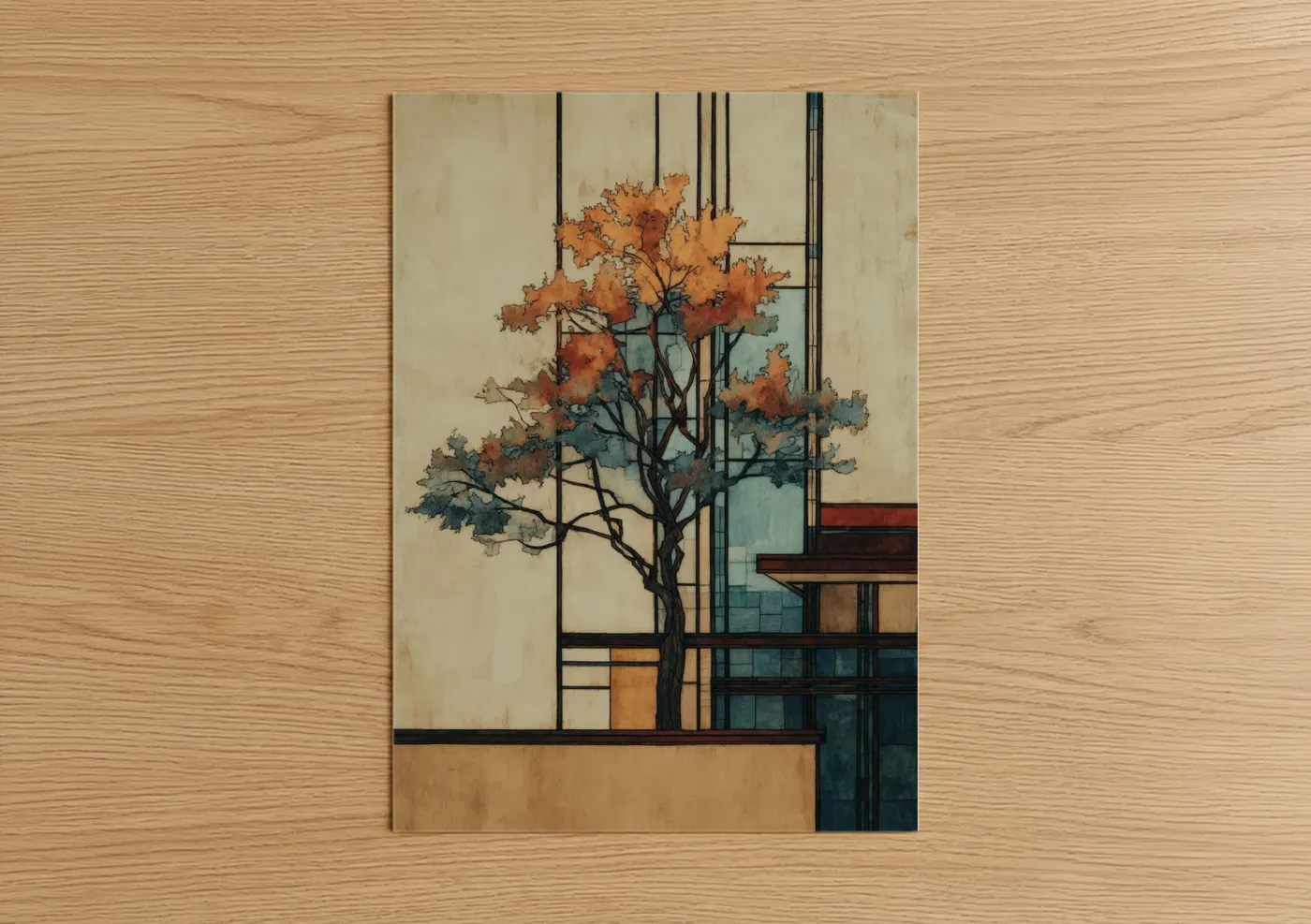 Autumn Tree Architectural Line Art Design Wall Art