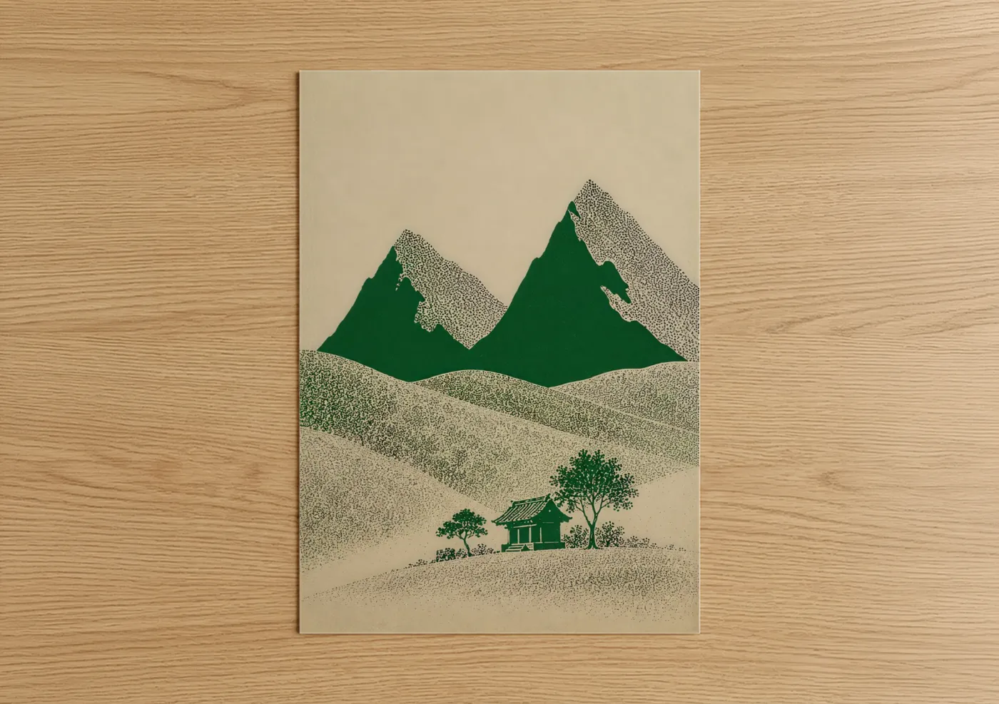 Art print on warm oak wood — true green and beige palette — Mountain Cottage Minimalist Landscape Wall Art poster