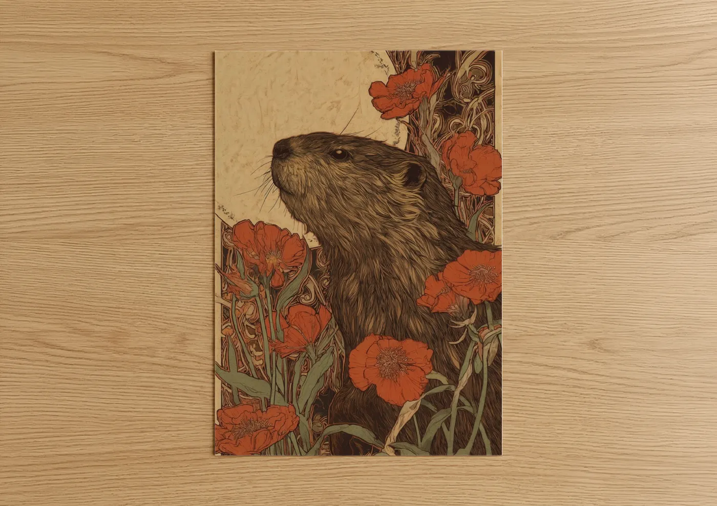 Beaver Among Red Poppies Illustration Wall Art