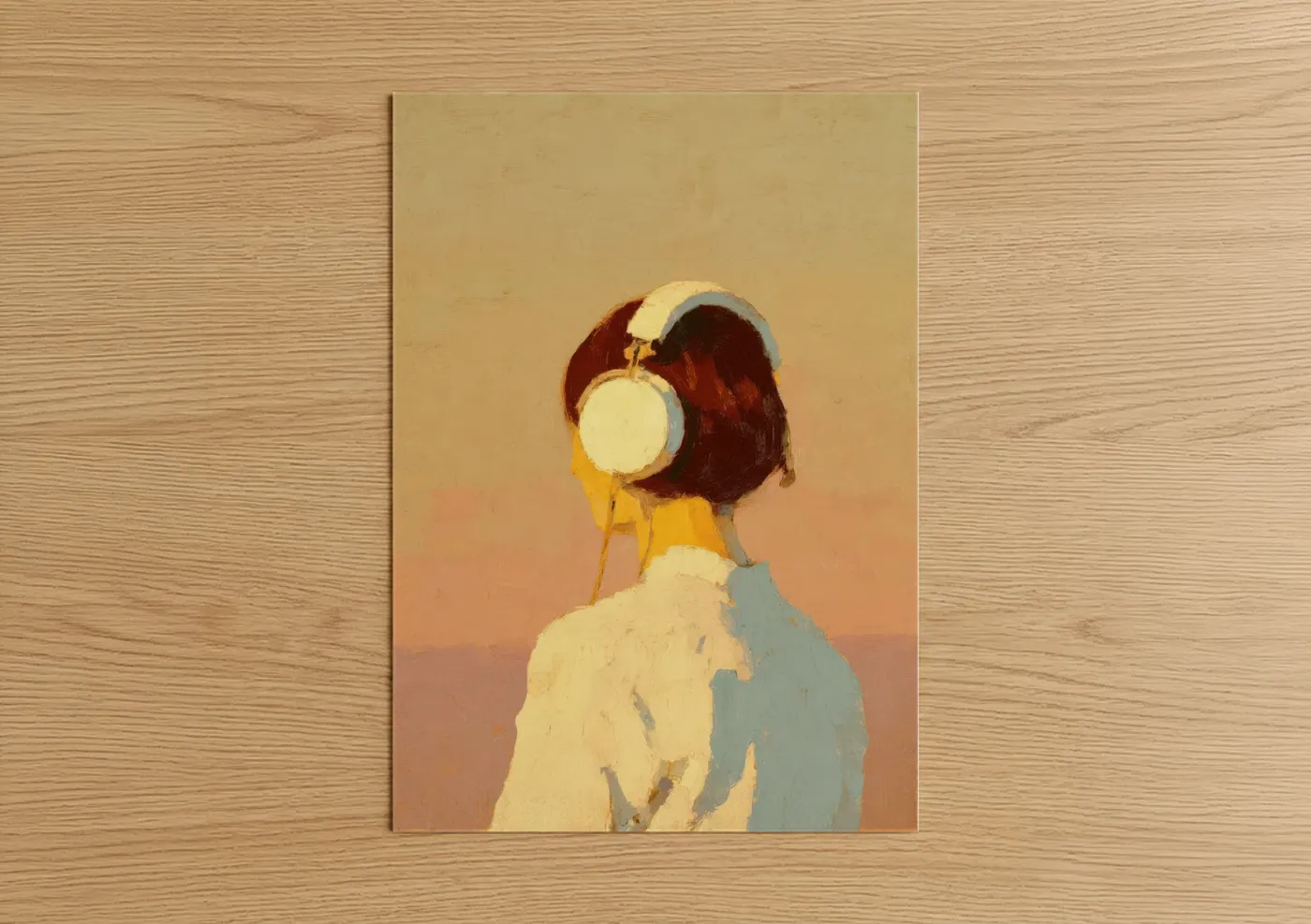 Headphones art print on warm oak wood — peach and cream palette — Listening Back View poster
