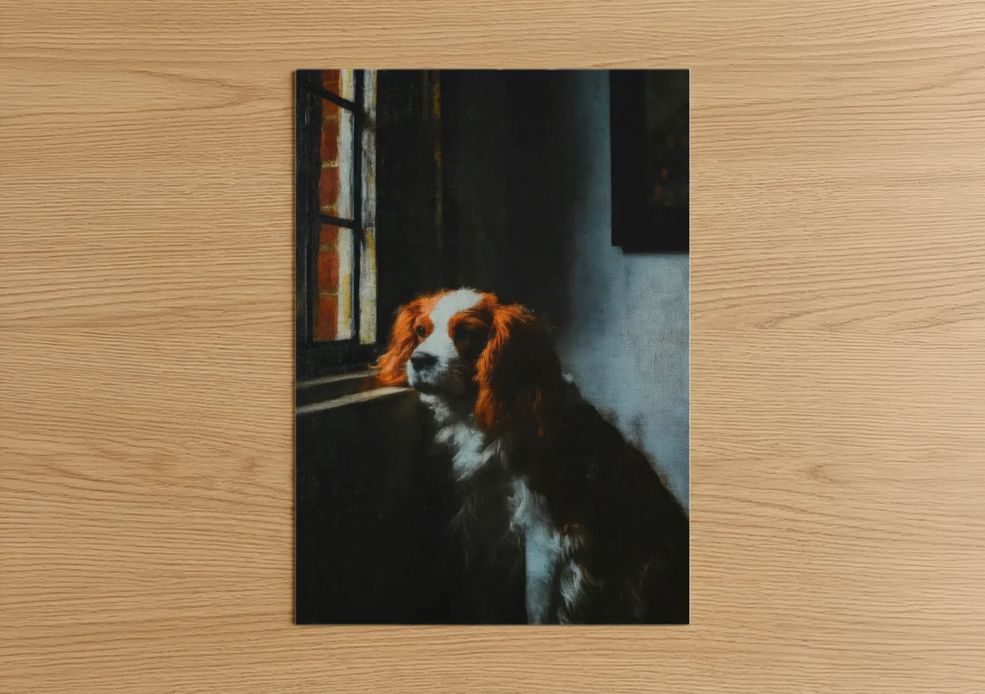Art print on warm oak wood — gold and black and white palette — Window Spaniel poster