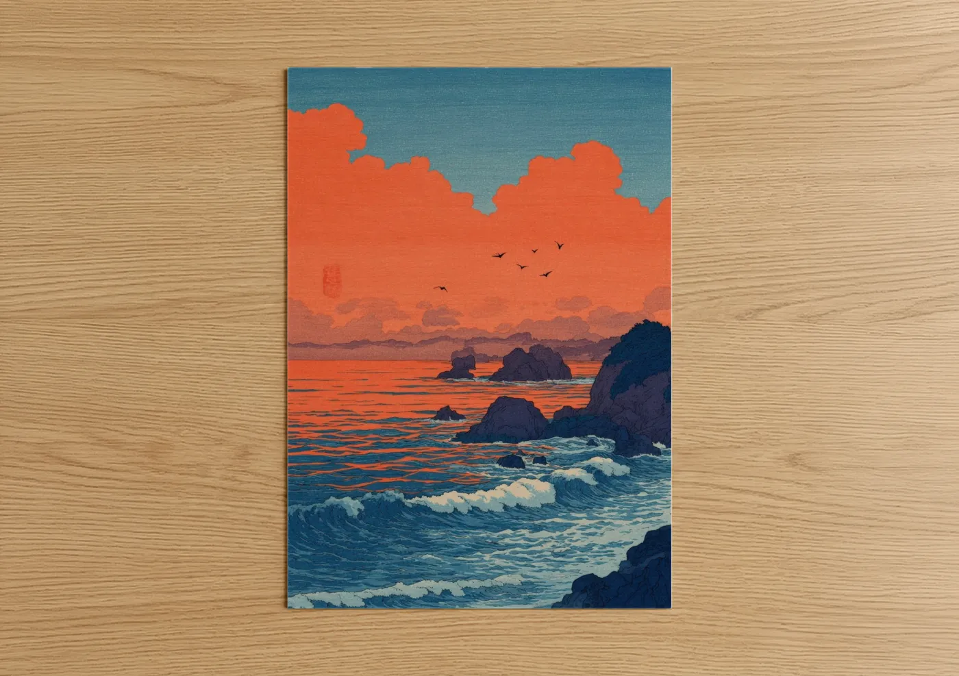 Crimson Sunset Seascape with Rocky Coast Wall Art