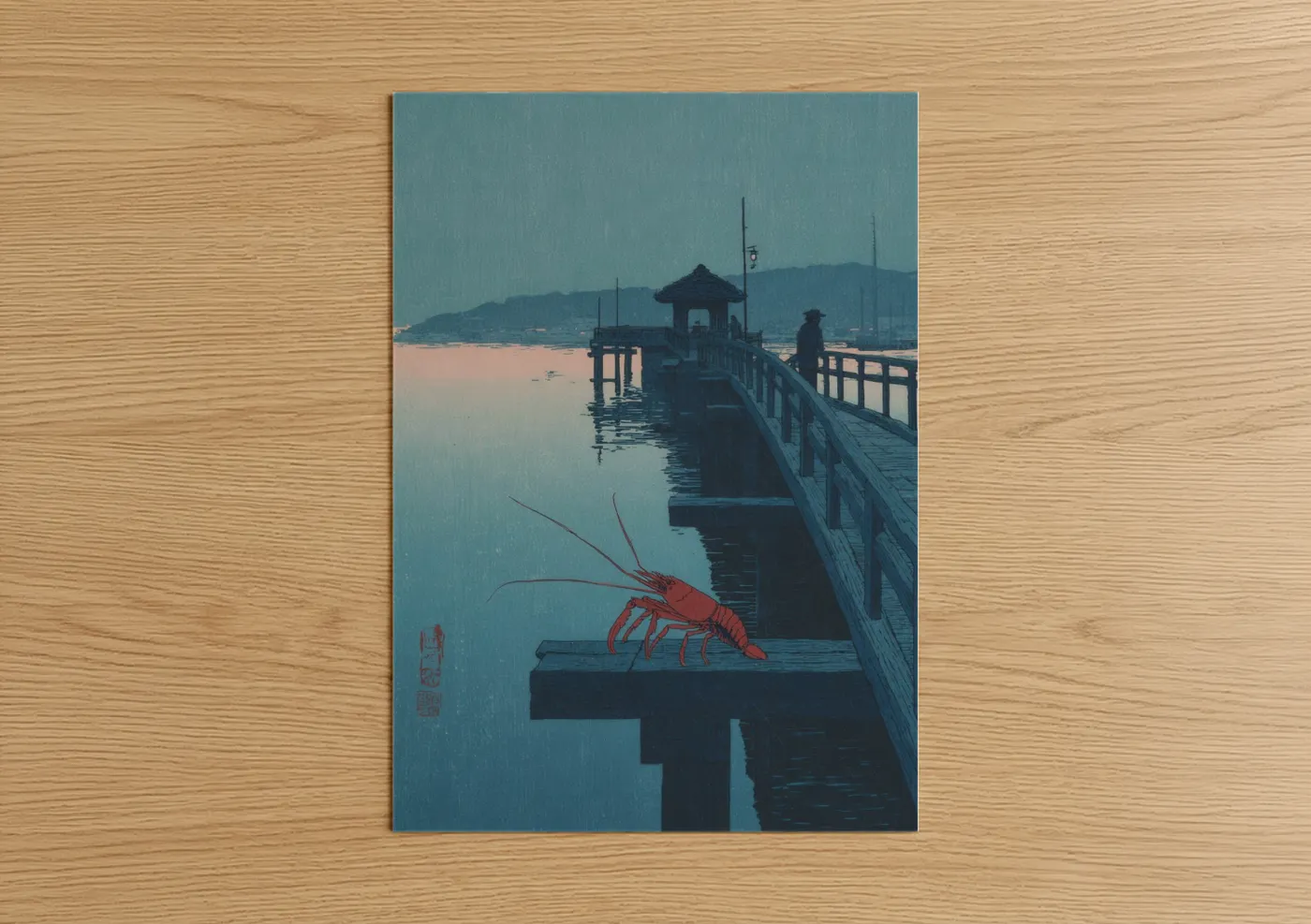 Crimson Lobster Pier Japanese Art Print Wall Art