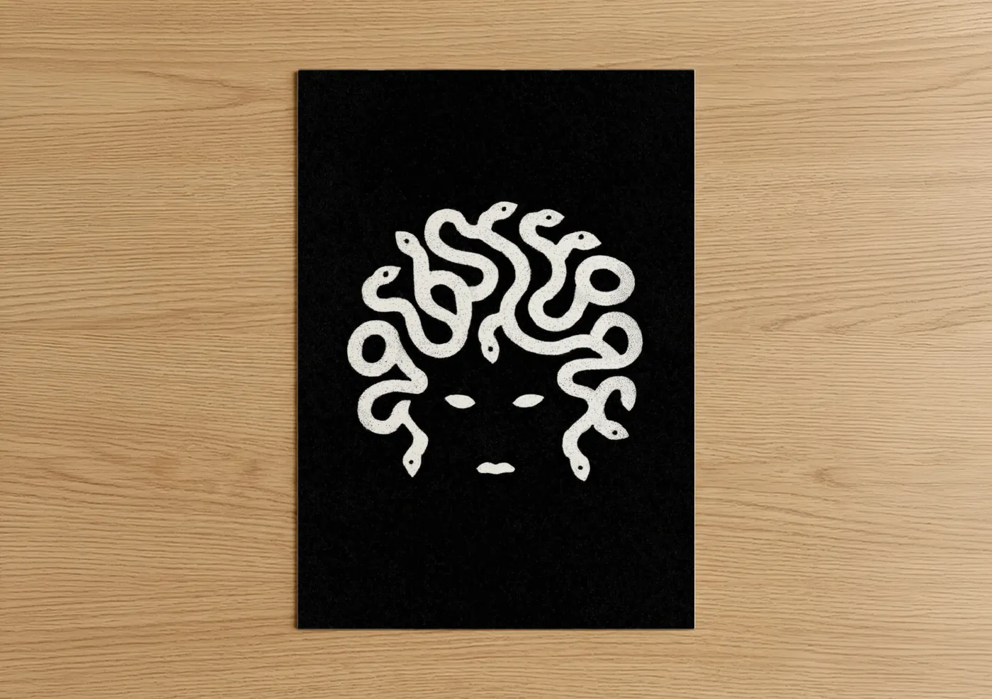 Art print on warm oak wood — black and white palette — Medusa Monochrome poster