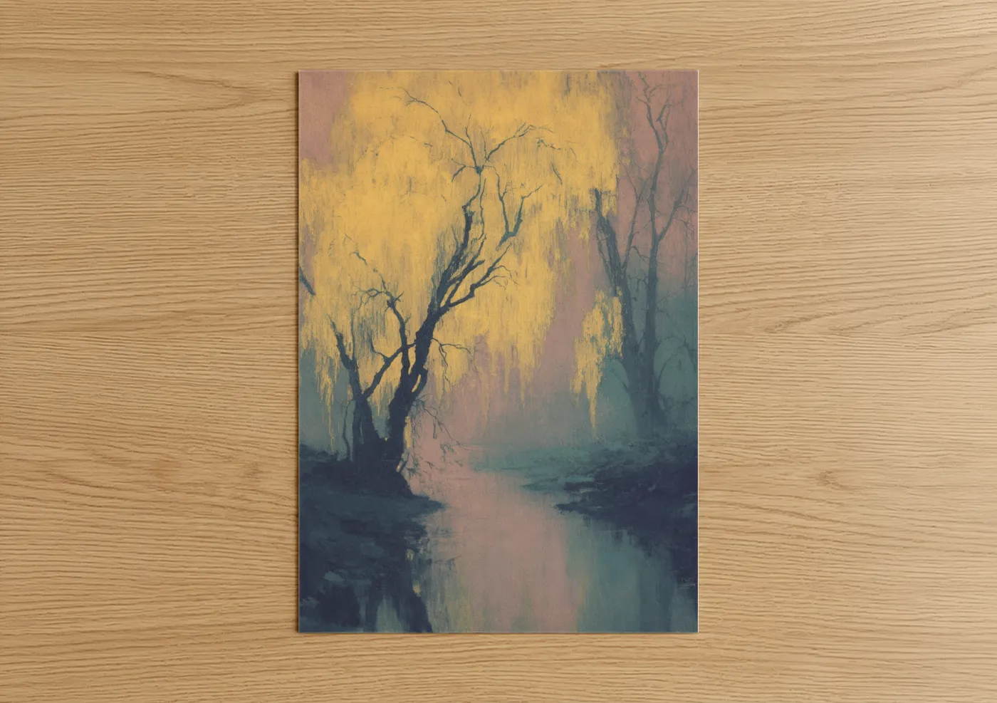 Willow forest art print on warm oak wood — gold and dove gray palette — Golden Willow Stream poster